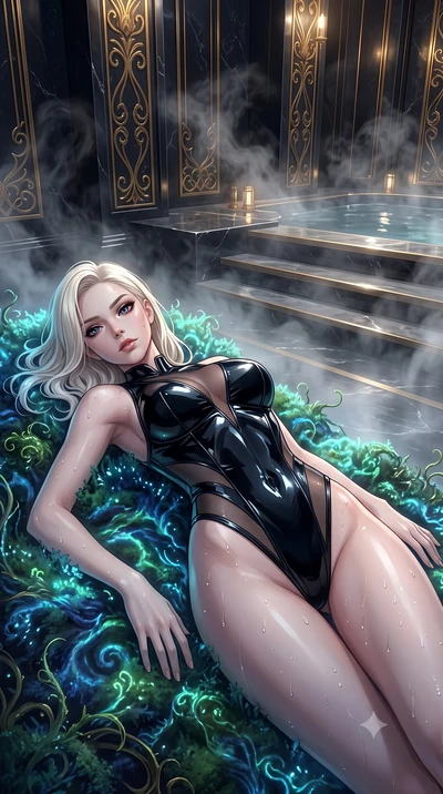 score_9, masterpiece, best quality, ultra-detailed, High-budget Anime Keyframe, Caucasian woman, strictly human ears. Low angle cowboy shot filling the entire 9:16 frame with her statuesque presence. Scenario 315: lying gracefully on a bed of biolumi