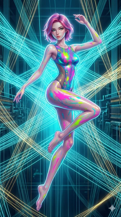 score_9, masterpiece, best quality, ultra-detailed, high-budget anime keyframe, Japanese woman. upper body close-up from the thighs up, character filling the screen for maximum presence. floating suspended in an ethereal loom room where millions of l