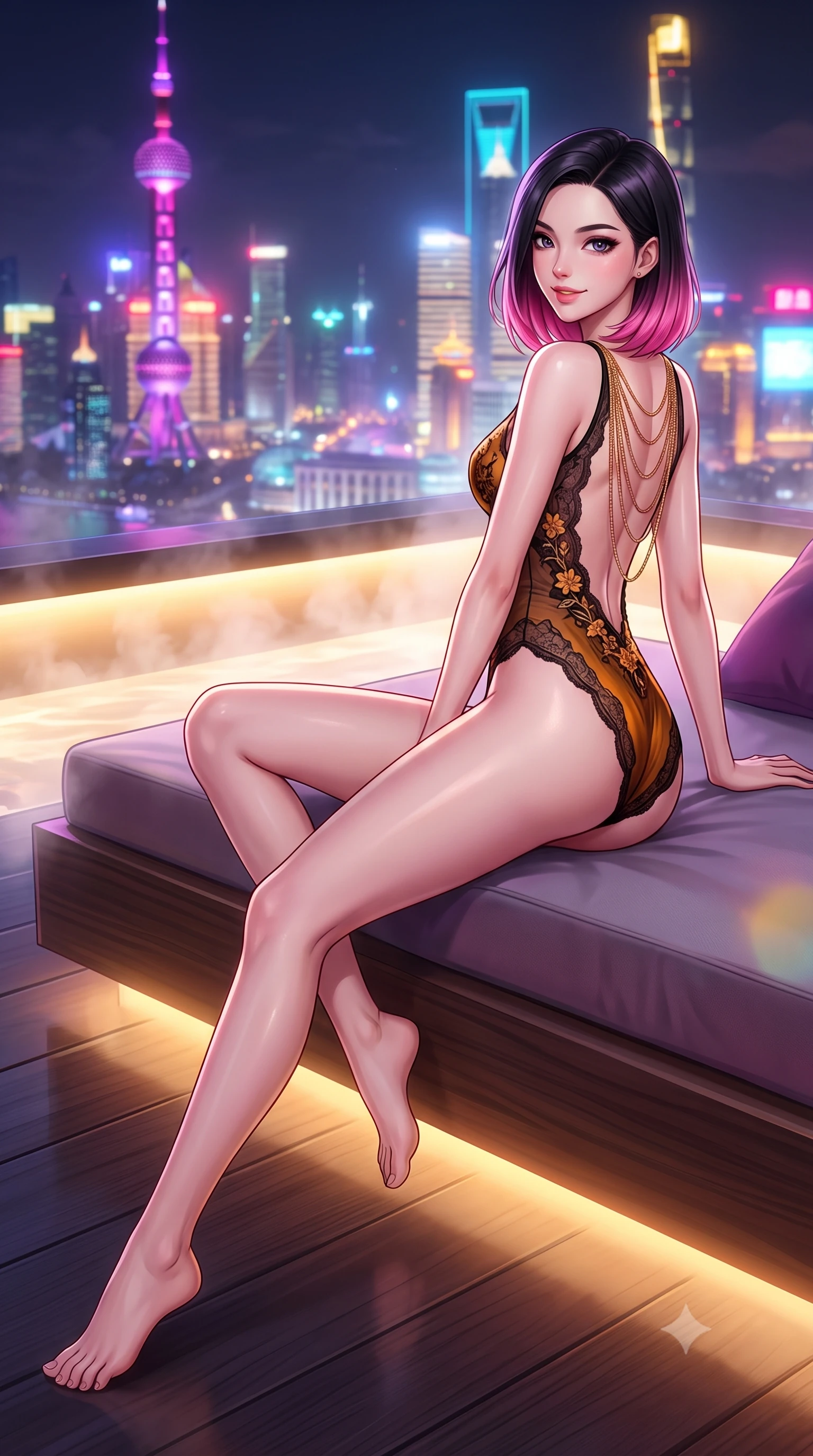 score_9, masterpiece, best quality, ultra-detailed, high-budget anime keyframe, semi-realistic 3D game render, editorial fashion photography, tasteful artistic composition, Korean woman. low angle full-body shot from head to toe showing her feet, filling the entire 9:16 vertical frame with her statuesque presence, stretching her vertical silhouette. lounging on the lavish daybed with legs crossed and hips angled toward the camera, displaying her toned midriff and long slender limbs with effortless siren poise while twisting her slender torso in an alluring contrapposto stance, shimmering neon reflections and thermal bath vapor caressing her flat midriff and hips. The background shows a soft-focus dizzying grid of illuminated Shanghai avenues far below piercing through swirling nocturnal cloud layers, neon tower spires blurred into magenta, cyan, and gold bokeh. She has an exceptionally tall and slender model-like 8.5-heads proportion, an ultra-slim waist, a flat toned midriff, narrow delicate ribcage, and beautifully sculpted feminine hips creating a graceful, slim hourglass silhouette without any bulky heaviness, with impossibly long slender legs. sharp v-shaped jawline, high-bridge nose, intricate jewel-like sparkling eyes with depth, thick eyelashes, glossy parted lips with a natural peach sheen, bright cheerful beaming smile with an enchanting and coquettish sensual glint, exuding both youthful cute charm and seductive allure, flawlessly proportioned anatomical accuracy, strict slender model proportions, natural body alignment, perfectly sculpted long slender limbs, ultra-slim waistline, clean dynamic posture without body distortion. wearing an open-back sheer lace leotard with high-cut leg openings and delicate floral embroidery framing her spine in Hakone steaming sulfur amber and volcanic basalt black, made of fluid liquid jersey with seamless sculpting hold and smooth contours, accented with an open-back drape framed by falling strands of delicate gold chains, the form-contouring silhouette accentuating her sculpted flat midriff, narrow delicate ribcage, and gracefully curvy hips with intoxicating allure. bathed in the dramatic neon ambient of the cyberpunk metropolis contrasted with dim 2800K recessed cove downlights. highly saturated vibrant anime colors, detailed shading with soft gradients, rich glossy textures, high-contrast stereoscopic depth, volumetric dynamic lighting, master piece, 9:16 ratio