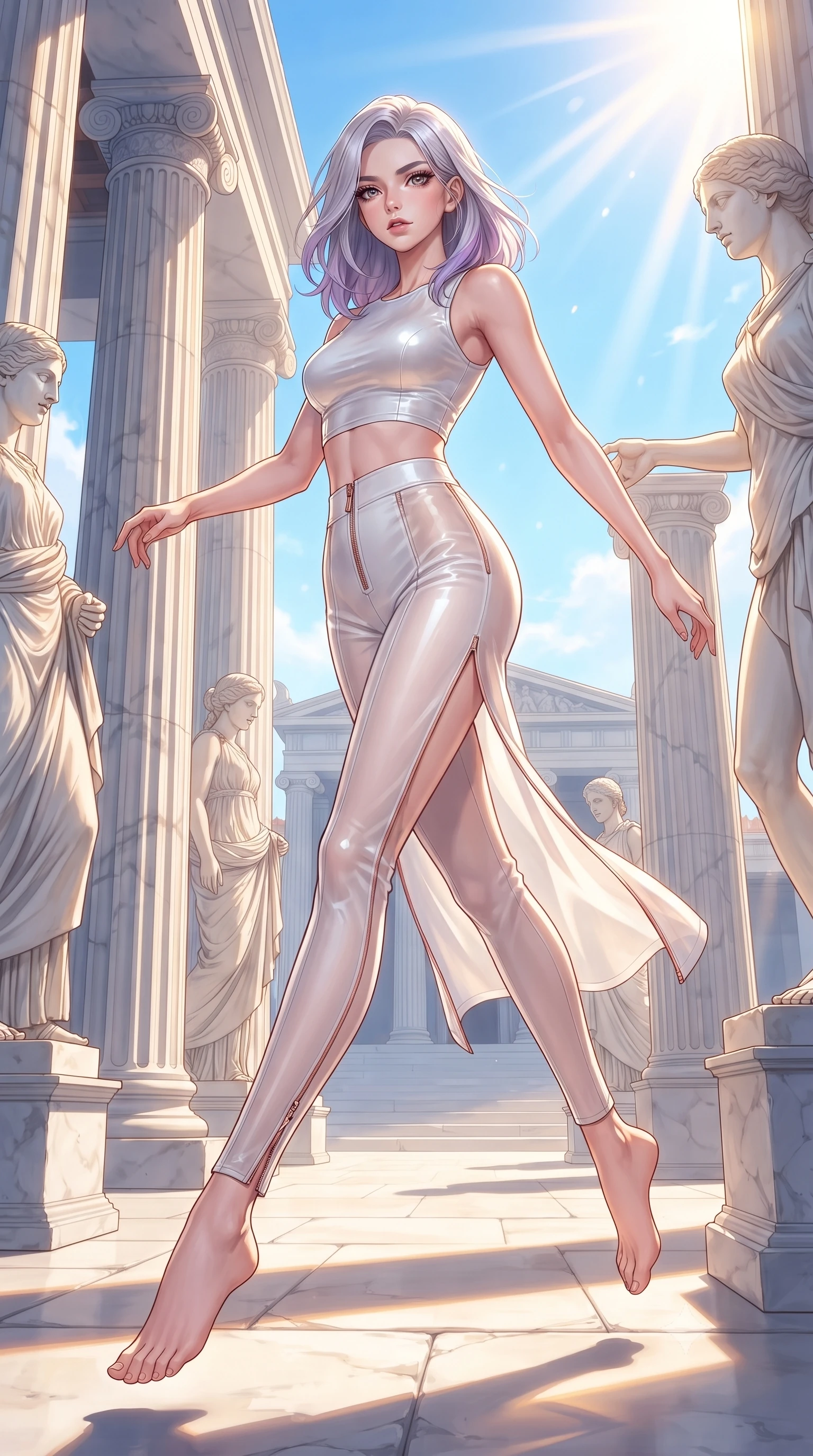 score_9, masterpiece, best quality, ultra-detailed, high-budget anime keyframe, editorial fashion photography, tasteful artistic composition, Caucasian woman. low angle full-body shot from head to toe showing her feet, filling the entire 9:16 vertical frame with her statuesque presence, stretching her vertical silhouette. leaping gracefully through the environment with statuesque elegance and long slender legs standing among classical Greek marble statues in an open-air sunlit acropolis, crisp architectural shadow lines cast by tall marble columns. She has an absolutely perfect, statuesque 8.5-heads proportion, an exceptionally tall and slender model-like female figure with impossibly long slender legs and an ultra-slim waist. sharp v-shaped jawline, high-bridge nose, intricate jewel-like eyes with depth, thick eyelashes, glossy lips with a natural sheen. wearing a glossy vinyl crop top and high-waist tailored leggings with sleek zippers in pearl white and rose gold, woven from fine semi-opaque sheer organza, finished with a sleek side slit ascending to mid-thigh, the form-contouring material highlighting her ultra-slim waist and long lines. bathed in brilliant golden sunbeams and crisp sky blue ambient light. highly saturated vibrant anime colors, detailed shading with soft gradients, rich glossy textures, high-contrast stereoscopic depth, volumetric dynamic lighting, master piece, 9:16 ratio