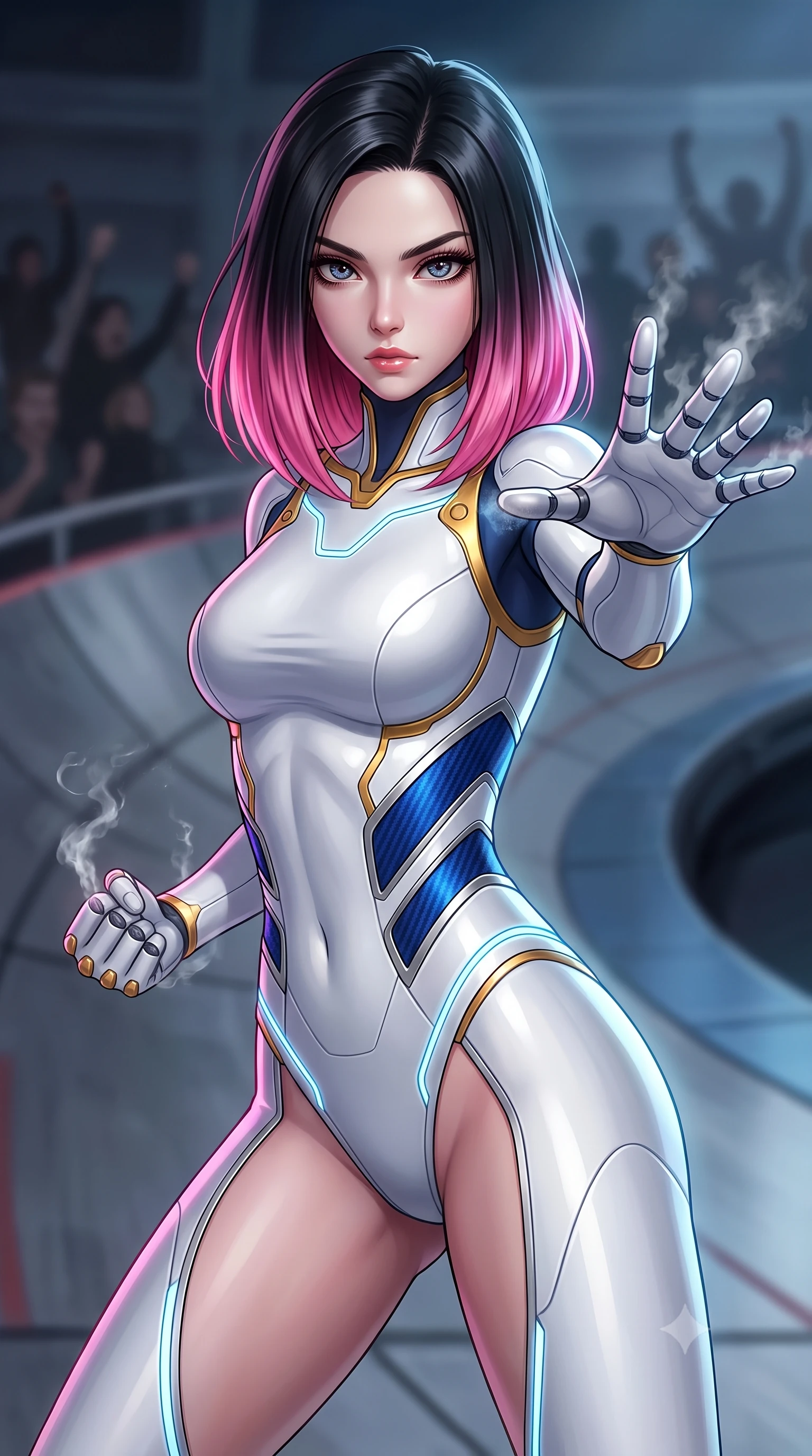 score_9, masterpiece, best quality, ultra-detailed, high-budget anime keyframe, semi-realistic 3D game render, editorial fashion photography, tasteful artistic composition, Korean woman. close-up cowboy shot from the waist and thighs up, the character dominates the composition, filling the frame with her large presence. in a razor-sharp Panzer Kunst fighting guard, one hand extended with palm open in fluid kinetic tension, captivating jewel-like eyes locked onto the viewer with dangerous focus while arching her spine in a fluid combat stance on the finish line with steam hissing from her carbon knuckle vents. The composition keeps background elements in soft focus with creamy bokeh. banked steel track curves and cheering spectator silhouettes softened in moody shallow focus. She has an exceptionally elegant, slender, and willowy female figure with an ultra-slim waist, a gracefully sculpted slender torso, toned flat midriff, and a refined slim silhouette. sharp v-shaped jawline, high-bridge nose, intricate jewel-like eyes with depth, thick eyelashes, glossy lips with a natural sheen, flawlessly proportioned anatomical accuracy, strict slender model proportions, natural body alignment, perfectly sculpted long slender limbs, ultra-slim waistline, clean dynamic posture without body distortion. wearing a form-contouring arctic white carbon-composite martial arts leotard with solar gold articulation joints and diagonal midriff vents in electric cobalt blue carbon with polished platinum trim, made of lightweight aerodynamic carbon-titanium alloy with polished edge bevels, accented with glowing fiber-optic conduits tracing her collarbones and hip curves, the sleek second-skin cut tightly hugging her graceful clavicle, narrow waist, and feminine curves with athletic precision. surrounded by an exhilarating, fierce, and breathtakingly stylish cyborg-warrior champion aura. rich saturated anime colors with glowing neon highlights, detailed shading with soft gradients, rich glossy textures, high-contrast stereoscopic depth, volumetric dynamic lighting, master piece, 9:16 ratio