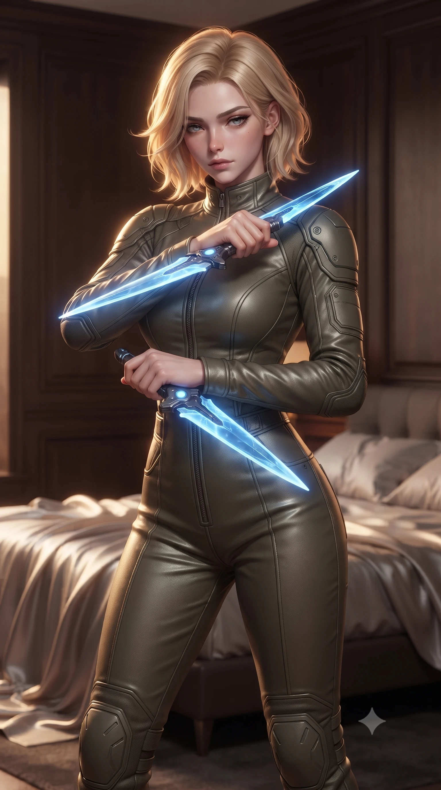 score_9, masterpiece, best quality, ultra-detailed, high-budget anime keyframe, editorial fashion photography, tasteful artistic composition, Caucasian woman. close-up cowboy shot from the waist and thighs up, the character dominates the composition, filling the frame with her large presence, background elements kept in soft focus. holding two energy daggers crossed in front of her elegant collarbone, casting a heavy-lidded, sultry look, the background shows a soft-focus a citadel quarters bedroom with dark wood panels and silk sheets. She has an exceptionally elegant, slender, and willowy female figure with an ultra-slim waist, a gracefully sculpted slender torso, and a refined silhouette. sharp v-shaped jawline, high-bridge nose, intricate jewel-like eyes with depth, thick eyelashes, glossy lips with a natural sheen. wearing a form-contouring high-collared utility combat jumpsuit made of rugged olive-drab ballistic fabric with protective knee guards. warm golden hour light tracing her silhouette with a soft glowing rim light. ultra-reflective glossy finish, specular highlights, metallic sheen, high-contrast stereoscopic depth, volumetric dynamic lighting, 2k, ultra detail, master piece, 9:16 ratio