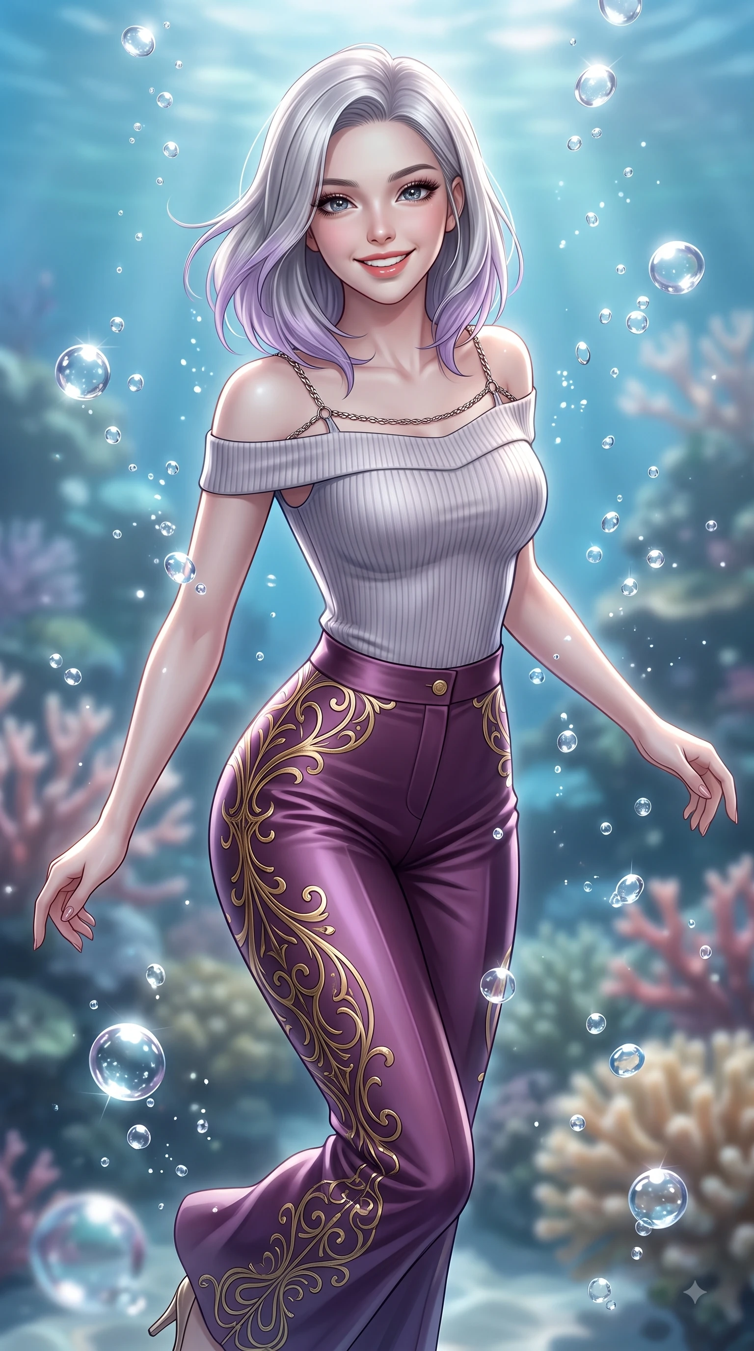 score_9, masterpiece, best quality, ultra-detailed, high-budget anime keyframe, editorial fashion photography, tasteful artistic composition, Caucasian woman. close-up cowboy shot from the waist and thighs up, the character dominates the composition, filling the frame with her large presence, background elements kept in soft focus. Gazing directly into the camera with a joyful, infectious smile as her torso curves dynamically in mid-stride while floating dynamically in a pristine coral lagoon as sea bubbles glitter around her like diamonds, gentle ocean currents swaying her lightweight aquatic attire in fluid joyful motions. She has an exceptionally elegant, slender, and willowy female figure with an ultra-slim waist, a gracefully sculpted slender torso, and a refined silhouette. sharp v-shaped jawline, high-bridge nose, intricate jewel-like eyes with depth, thick eyelashes, glossy lips with a natural sheen, flawlessly proportioned anatomical accuracy, natural body alignment, perfectly sculpted elegant limbs, clean dynamic posture without body distortion. wearing a sleek off-shoulder ribbed knit top paired with high-waist tailored pants in plum purple and gold filigree, crafted from lustrous satin jersey with fluid draping, adorned with delicate metallic chain straps along the neckline, the sleek second-skin texture accentuating her magnetic presence. surrounded by a shimmering ocean aura with bright pearl-white specular rim lights. ultra-reflective glossy finish, specular highlights, metallic sheen, high-contrast stereoscopic depth, volumetric dynamic lighting, 2k, ultra detail, master piece, 9:16 ratio