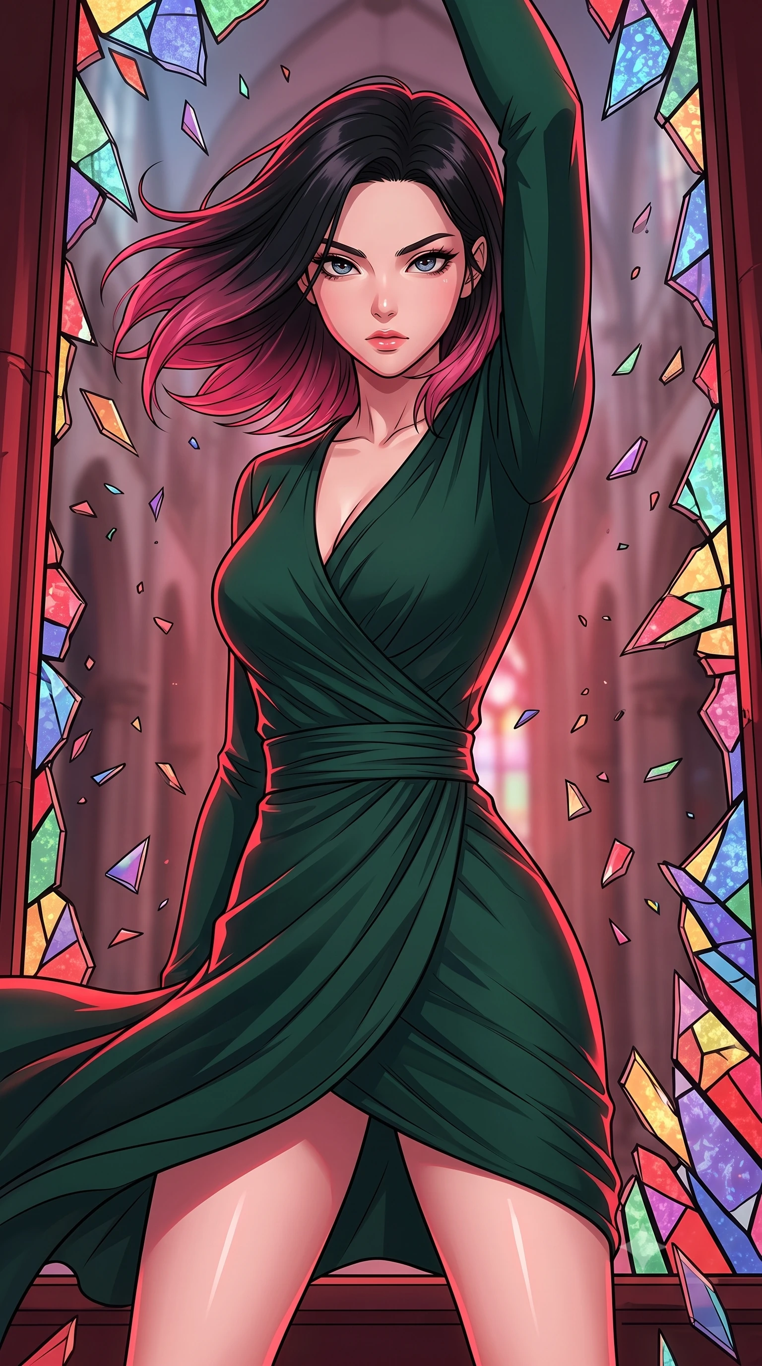 score_9, masterpiece, best quality, ultra-detailed, high-budget anime keyframe, clean line-art, cel-shading, Korean woman. close-up cowboy shot from the waist and thighs up, the character dominates the composition, filling the frame with her large presence, background elements kept in soft focus. Bracing against a heavy gust of wind, her expression resolute and eyes blazing with power. set against a soft-focus background of standing inside a cathedral window frame as the massive stained glass explodes outward, sending colored shards flying. She has an exceptionally elegant and slender, willowy female figure with an ultra-slim waist, a gracefully sculpted slender torso, and a refined slim physique. sharp v-shaped jawline, high-bridge nose, intricate jewel-like eyes with depth, thick eyelashes, glossy lips with a natural sheen. wearing tailored for maximum mobility, sleek form-contouring panels that allow fluid movement, a body-hugging form-fitting wrap dress in a deep pine green jersey, draped strategically to contour her slender hips and waist. deep crimson theatrical lighting with sharp specular highlights on every curve. highly saturated vibrant anime colors, intense vivid color palette, volumetric dynamic lighting, 2k, ultra detail, master piece, 9:16 ratio