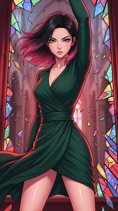 score_9, masterpiece, best quality, ultra-detailed, high-budget anime keyframe, clean line-art, cel-shading, Korean woman. close-up cowboy shot from the waist and thighs up, the character dominates the composition, filling the frame with her large pr
