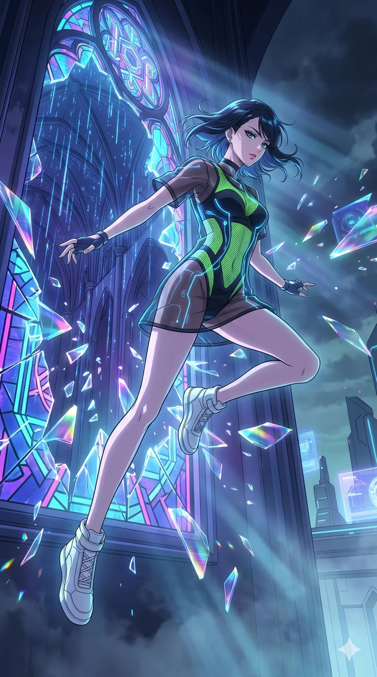score_9, masterpiece, best quality, ultra-detailed, High-budget Anime Keyframe, vibrant colors, fluid line-art, expressive lighting, cinematic composition, Ufotable-style visual effects, top-tier animation quality, Japanese woman with delicate and elegant anime-inspired features. Wide-angle low shot emphasizing her impossibly long slender legs and commanding stature. Leaping through the shattered stained glass of a neon-lit futuristic cathedral, her body caught in mid-air as prismatic light fragments explode around her and digital rain falls from the vaulted ceiling. She has an absolutely perfect 8-heads proportion, an exceptionally tall and slender female figure with impossibly long slender legs and an ultra-slim waist, her statuesque height and towering silhouette dominating the vertical 9:16 frame. Her face is a masterpiece featuring a sharp v-shaped jawline, high-bridge nose, intricate jewel-like eyes with depth, thick eyelashes, and glossy lips with a natural sheen. She is wearing a Transparent mini-dress with glowing internal circuits and a high-cut structural leotard crafted from Fluorescent mesh that glows brightly under neon light, highlighting her silhouette, with sheer fabric transparency over her delicate curves and a high-cut silhouette. The scene is set in a serene Zen garden with metallic sand, glowing stones, and a holographic waterfall, illuminated by volumetric light beams cutting through a hazy atmosphere, creating a sense of depth. 2k, ultra detail, master piece, 9:16 ratio