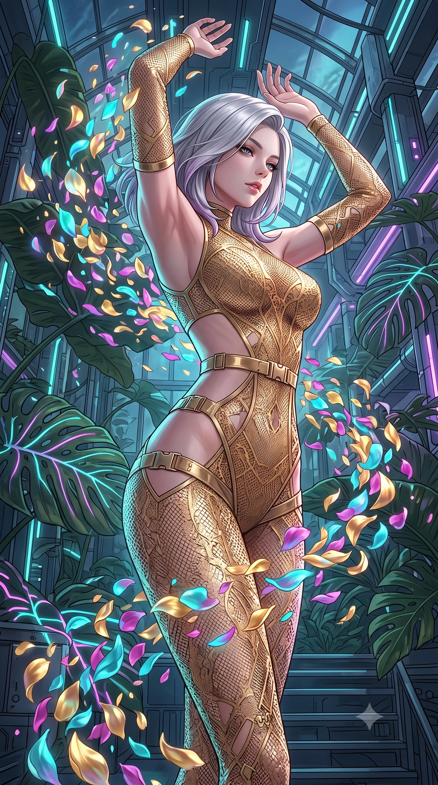 score_9, masterpiece, best quality, ultra-detailed, High-budget Anime Keyframe, Caucasian woman, strictly human ears. Low angle cowboy shot filling the entire 9:16 frame with her statuesque presence. Scenario 269: dissolving into a cloud of iridescent silk petals inside a cybernetic greenhouse filled with giant glowing tropical leaves. Her presence is magnetic and overpowering in this high-budget anime scene. Outfit 269: a form-contouring micro-mesh lace gold with a strategic side cut-outs and metallic buckles. The clothing is designed to emphasize her exceptionally tall and slender 8-heads proportion. 8-heads proportion, towering silhouette, ultra-slim waist. sharp v-shaped jawline, intricate jewel-like eyes with depth, thick eyelashes, glossy lips. 2k, ultra detail, master piece, 9:16 ratio