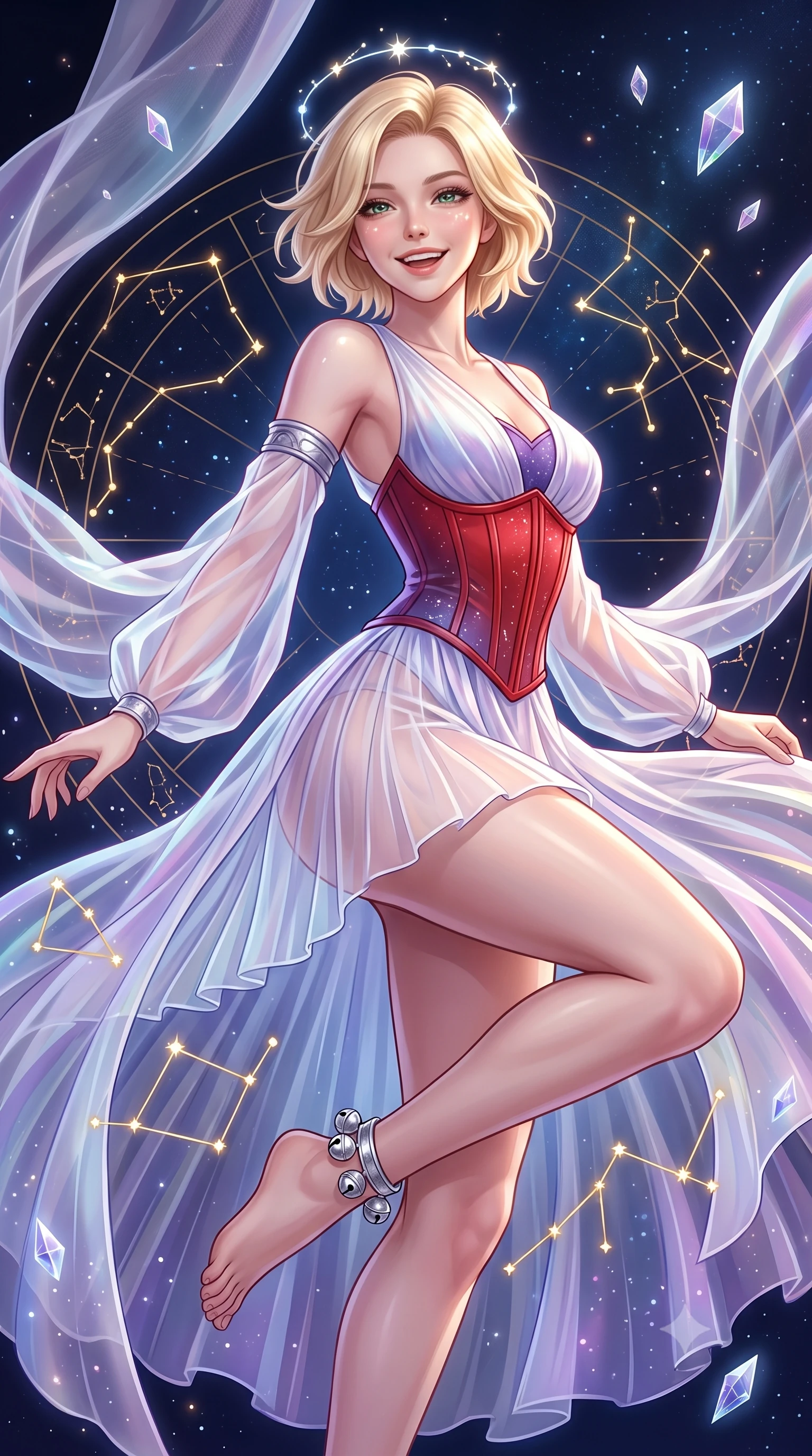 score_9, masterpiece, best quality, ultra-detailed, high-budget anime keyframe, semi-realistic 3D game render, editorial fashion photography, tasteful artistic composition, Caucasian woman. close-up cowboy shot from the waist and thighs up, the character dominates the composition, filling the frame with her large presence. laughing softly with genuine, enchanting warmth, eyes crinkling sweetly as specular highlights illuminate her cheeks while pivoting dynamically in mid-air with an athletic yet alluring arch of her spine, weaving through floating golden constellations. The surrounding environment is rendered in vivid detail and crisp panoramic clarity. intricate constellation line engravings, transparent silk fabric weaves, and floating crystal facets in deep focus. She has an exceptionally elegant, slender, and willowy female figure with an ultra-slim waist, a gracefully sculpted slender torso, toned flat midriff, and a refined slim silhouette. sharp v-shaped jawline, high-bridge nose, intricate jewel-like eyes with depth, thick eyelashes, glossy lips with a natural sheen, captivating and magnetic expression, flawlessly proportioned anatomical accuracy, strict slender model proportions, natural body alignment, perfectly sculpted long slender limbs, ultra-slim waistline, clean dynamic posture without body distortion. wearing a sacred shrine maiden couture robe with sheer pleated chiffon skirt and structured scarlet corset top in celestial opal white and stardust violet, crafted from weightless prism organza that refracts light with every motion, accented with dainty silver ankle bells and a glowing constellation circlet, the liquid-tight tailored fabric emphasizing every curve of her tall, slender model proportions and sculptured silhouette during dynamic movement. surrounded by an immortal, transcendent, and breathtakingly majestic cosmos empress aura. highly saturated vibrant anime colors, detailed shading with soft gradients, rich glossy textures, high-contrast stereoscopic depth, volumetric dynamic lighting, master piece, 9:16 ratio