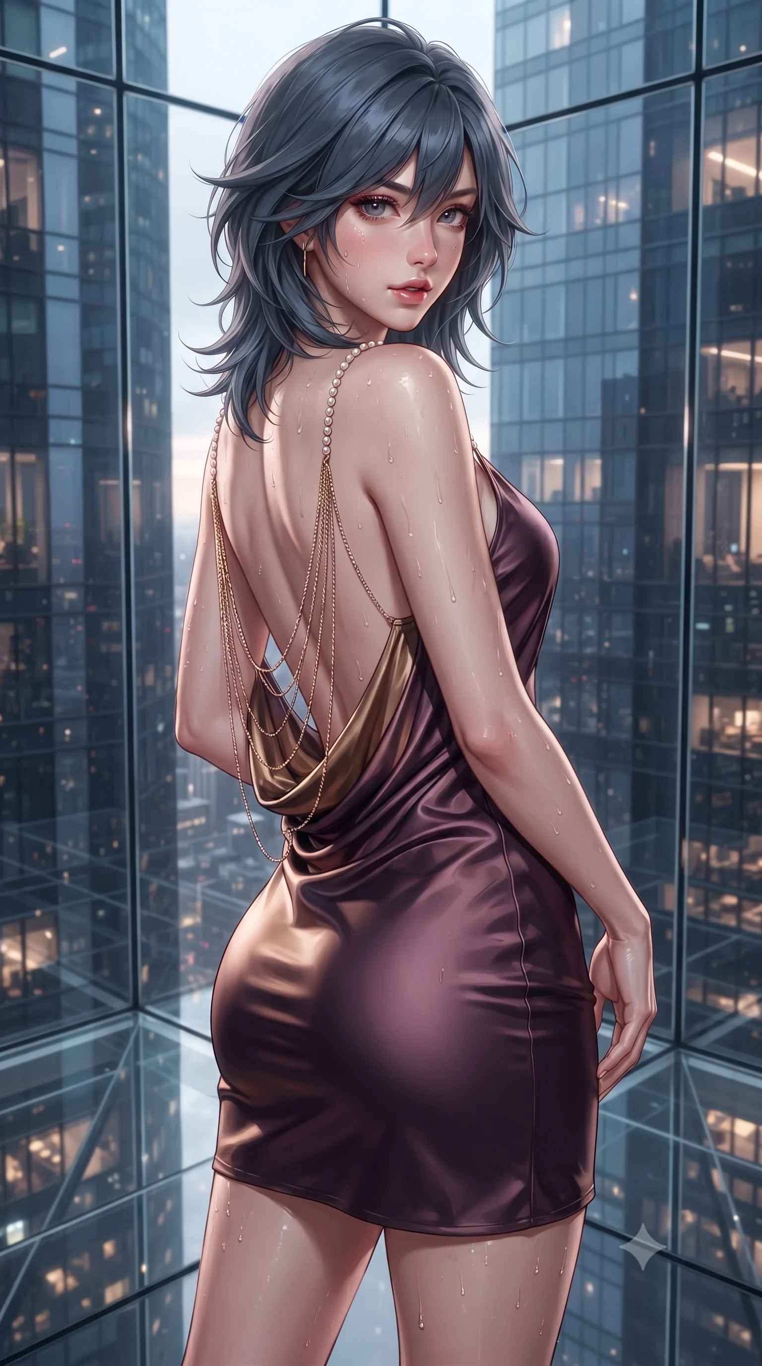 score_9, masterpiece, best quality, ultra-detailed, high-budget anime keyframe, editorial fashion photography, tasteful artistic composition, Caucasian woman. close-up cowboy shot from the waist and thighs up, the character dominates the composition, filling the frame with her large presence. posing in an alluring rear three-quarter angle, looking over a bare shoulder with parted glossy lips, her hips cocked back to highlight her slim hourglass curve while twisting her slender torso in an alluring S-curve, city skyscraper lights miles below illuminating her sculpted flat midriff and curvy hips. The surrounding environment is rendered in vivid detail and crisp panoramic clarity: detailed wet-look metallic lamé swimsuit cling, dewy water droplets on skin, and modern skyscraper engineering in high resolution. She has an exceptionally elegant, slender, and willowy female figure with an ultra-slim waist, flat toned midriff, narrow ribcage, and sculpted feminine hips creating an alluring, slim hourglass silhouette without bulk. sharp v-shaped jawline, high-bridge nose, sparkling eyes with hypnotic seductive depth, thick curled eyelashes, glossy parted lips with a natural dewy peach sheen, alluring bedroom-eyes with an enchanting coquettish smile, exuding magnetic siren charisma and sophisticated glamour, flawlessly proportioned anatomical accuracy, strict slender model proportions, natural body alignment, perfectly sculpted long slender limbs, ultra-slim waistline, clean dynamic posture without body distortion. wearing a low-cut draped cowl-back satin slip mini dress with dainty pearl spaghetti straps in rich dark plum violet and gilded bronze, made of semi-opaque stretch illusion mesh with soft shadowy contours, accented with an open-back drape framed by falling strands of delicate gold chains, the precision-cut side openings and low-back scoop framing her graceful spine and the sensual sweep of her slim, toned hips. illuminated by glass cube internal reflections and sharp platinum rim lights defining her razor-sharp jawline, narrow waist, and voluptuous hip curves. ultra-reflective glossy finish, specular highlights, rich textural contrasts, high-contrast stereoscopic depth, volumetric dynamic lighting, 2k, ultra detail, master piece, 9:16 ratio