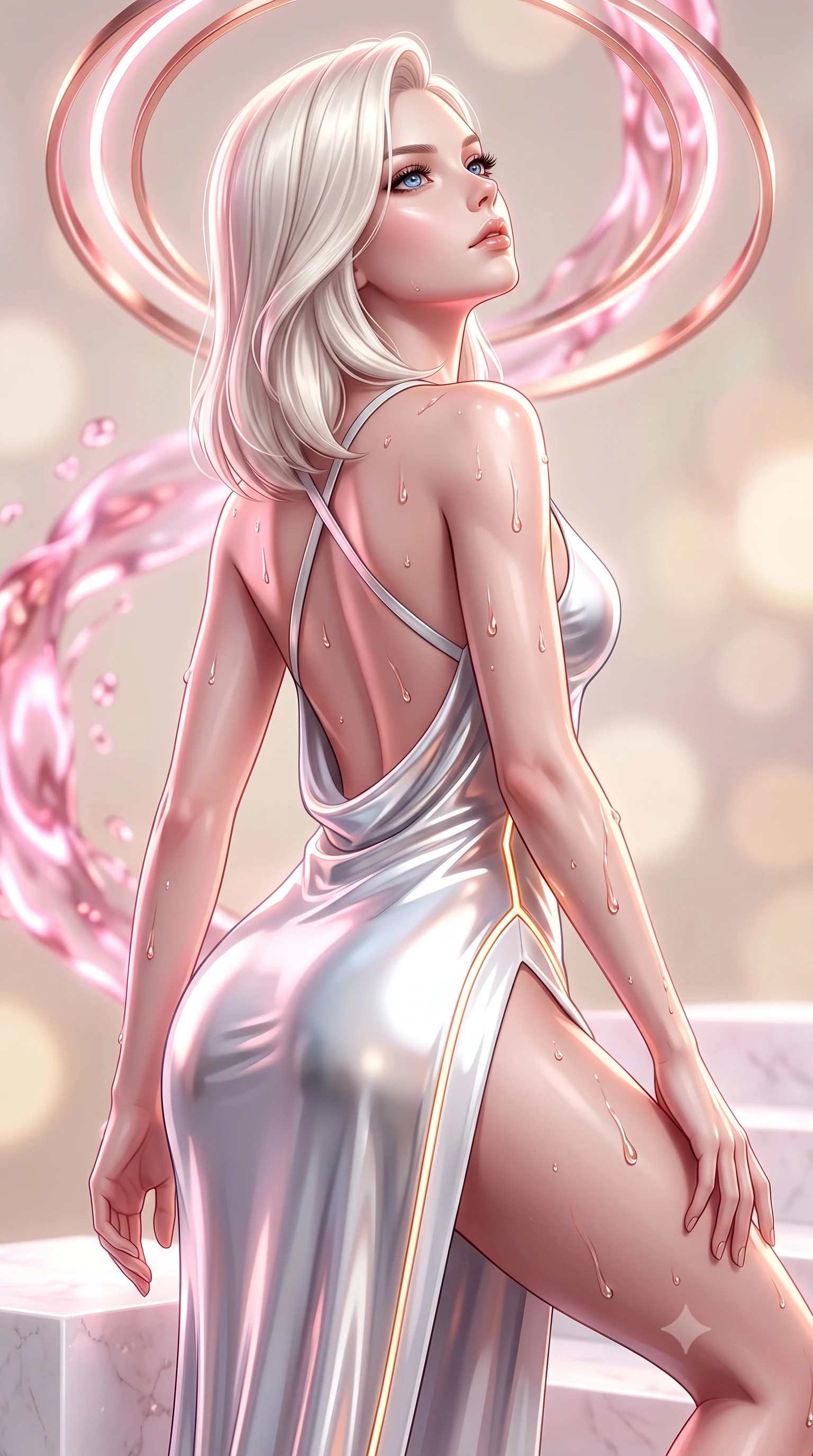 score_9, masterpiece, best quality, ultra-detailed, high-budget anime keyframe, semi-realistic 3D game render, editorial fashion photography, tasteful artistic composition, Caucasian woman. close-up cowboy shot from the waist and thighs up, the character dominates the composition, filling the frame with her large presence. tilting her head back with serene regal elegance, her sharp jawline and sculpted collarbones highlighted by glowing neon halo reflections while ascending a white quartz platform as nano-fluid droplets glisten like liquid rose gold along her sculpted contour. The composition keeps background elements in soft focus with creamy bokeh. glowing pink nanotech fluid and rotating rose-gold halo rings blurred into soft, creamy pastel and champagne bokeh. She has an exceptionally elegant, slender, and willowy female figure with an ultra-slim waist, a gracefully sculpted slender torso, toned flat midriff, and a refined slim silhouette. sharp v-shaped jawline, high-bridge nose, intricate jewel-like eyes with depth, thick eyelashes, glossy lips with a natural sheen, flawlessly proportioned anatomical accuracy, strict slender model proportions, natural body alignment, perfectly sculpted long slender limbs, ultra-slim waistline, clean dynamic posture without body distortion. wearing a precision-fitted liquid jersey bodycon gown in radiant chrome and white, featuring an open cowl back and high side slit in high-contrast monochrome white enamel and glowing amber lines, made of liquid jersey fabric that clings flawlessly to every contour of her build, complemented by criss-cross back straps highlighting her completely bare spine, the form-contouring material adhering flawlessly to her sculpted flat midriff and slender torso, emphasizing her long leg lines and perfectly proportioned willowy build. bathed in soft glowing rose-gold and pink nanotech ambient radiance with pure white key lighting. rich saturated anime colors with glowing neon highlights, detailed shading with soft gradients, rich glossy textures, high-contrast stereoscopic depth, volumetric dynamic lighting, master piece, 9:16 ratio