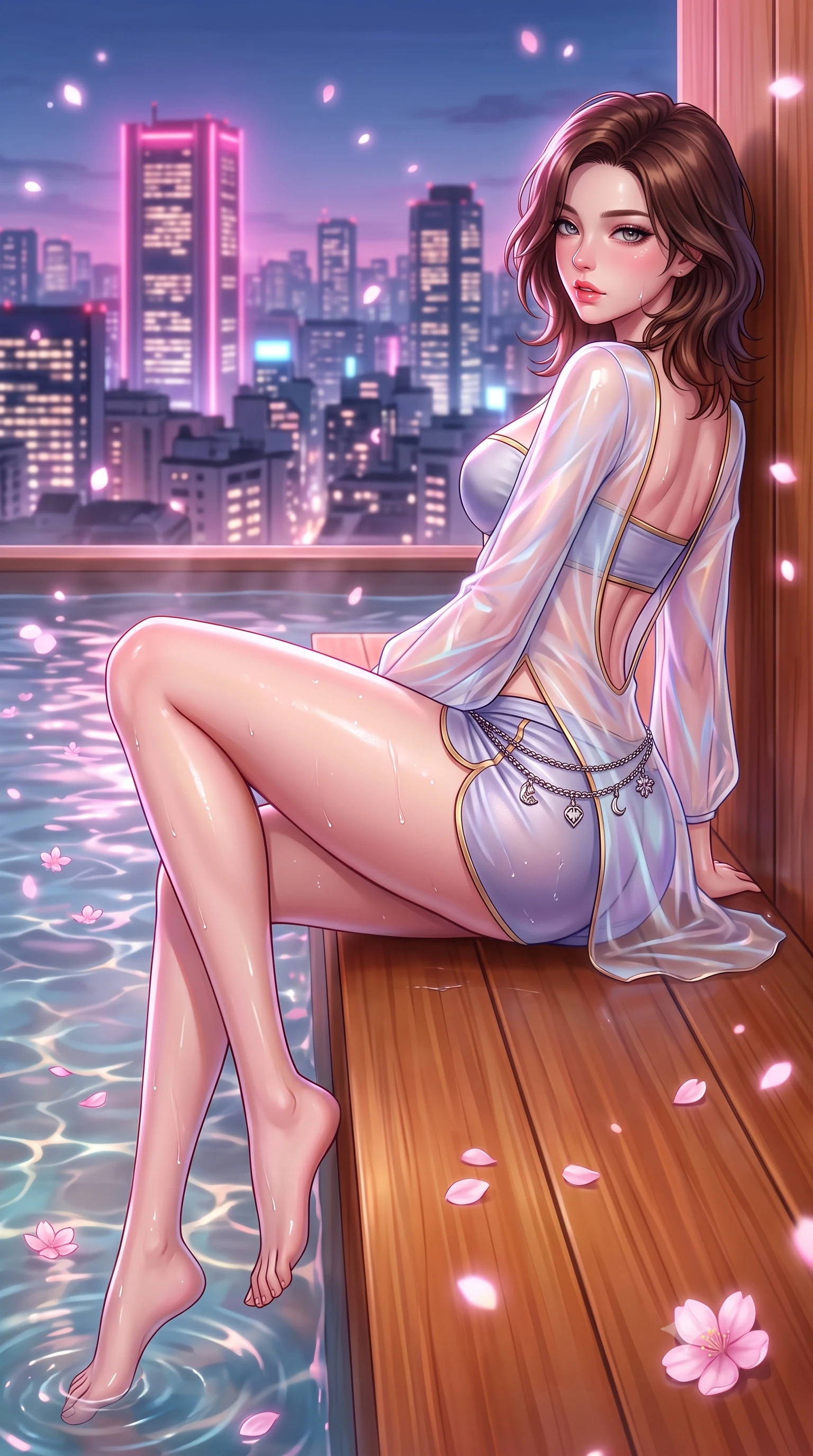score_9, masterpiece, best quality, ultra-detailed, high-budget anime keyframe, semi-realistic 3D game render, editorial fashion photography, tasteful artistic composition, Korean woman. low angle full-body shot from head to toe showing her feet, filling the entire 9:16 vertical frame with her statuesque presence, stretching her vertical silhouette. reclining on her side in an elegant Cleopatra pose with one knee drawn up, the dramatic contour of her rounded hips and long slender legs commanding the 9:16 vertical frame while leaning back against a cedar bath partition overlooking glowing Tokyo skyscrapers, parted glossy lips reflecting pink neon lights. The composition keeps background elements in soft focus with creamy bokeh. thermal pool ripple caustics and drifting sakura petals scattering soft luminous light motes. She has an absolutely perfect, statuesque 8.5-heads proportion, an exceptionally tall and slender model-like female figure with impossibly long slender legs, a toned flat midriff, an ultra-slim waist, and beautifully sculpted feminine hips. sharp v-shaped jawline, high-bridge nose, intricate jewel-like eyes with depth, thick eyelashes, glossy parted lips with a natural sheen, intensely captivating and seductive bedroom-eyes expression, flawlessly proportioned anatomical accuracy, strict slender model proportions, natural body alignment, perfectly sculpted long slender limbs, ultra-slim waistline, clean dynamic posture without body distortion. wearing a sheer chiffon onsen coverup worn over a form-contouring gold-piped bandeau and micro-shorts in moonlit silver and lavender mist, crafted from weightless prism organza that refracts light with every motion, complemented by a delicate metallic hip chain catching the pool caustics, the dramatically scooped open back descending to the base of her spine, accentuating her razor-sharp statuesque lines and curvy hourglass silhouette. illuminated by wet specular reflections accentuating her sculpted collarbones, narrow waist, and curvy hips. highly saturated vibrant anime colors, detailed shading with soft gradients, rich glossy textures, high-contrast stereoscopic depth, volumetric dynamic lighting, master piece, 9:16 ratio