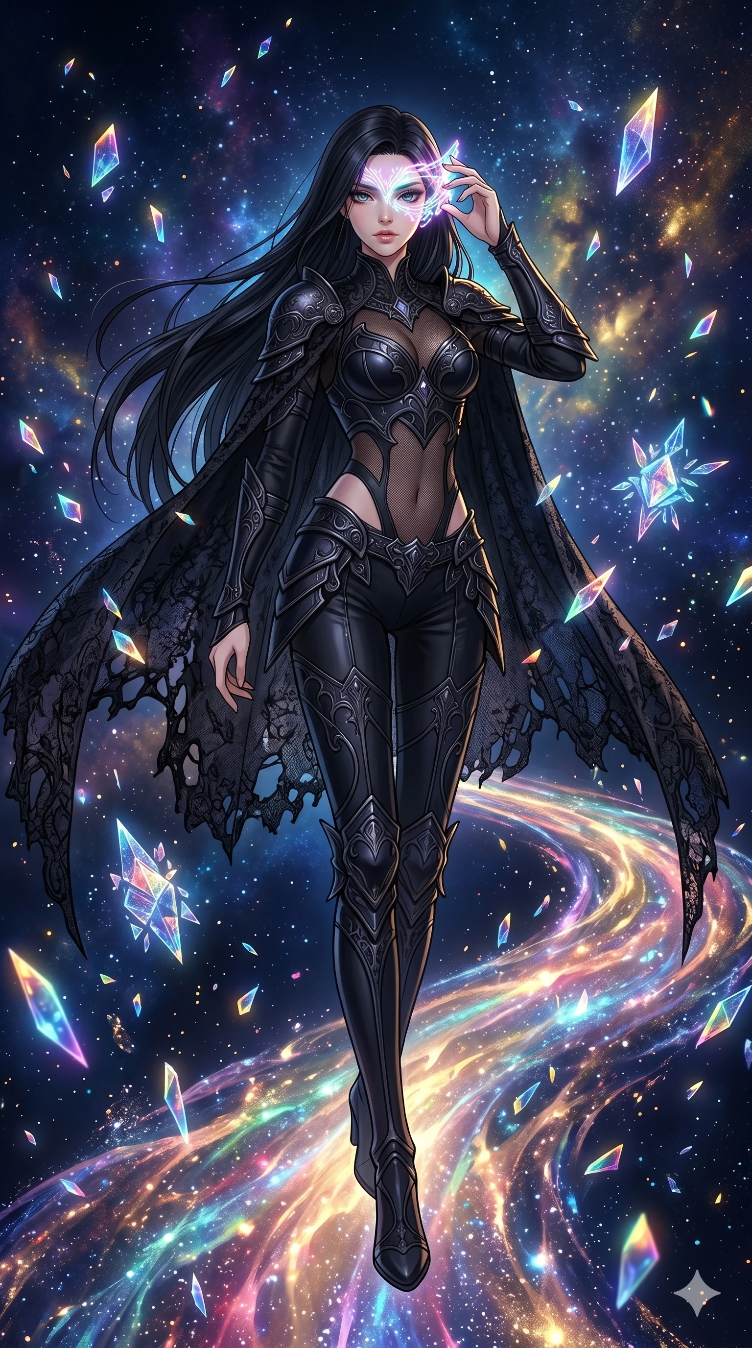 score_9, masterpiece, best quality, ultra-detailed, high-budget anime movie keyframe, cinematic anime lighting, intricate line art, Japanese woman. Dynamic full-body shot stretching the vertical silhouette across the 9:16 frame. adjusting a glowing mask in a celestial bridge made of light surrounded by floating data-shards. She has an absolutely perfect 8-heads proportion, an exceptionally tall and slender female figure with an ultra-slim waist and impossibly long slender legs. sharp v-shaped jawline, high-bridge nose, intricate jewel-like eyes, thick eyelashes, glossy lips. Wearing dark fantasy gothic leather armor with ornate obsidian plates, a tattered lace cape, and sheer mesh cut-outs at the midriff, exuding a mysterious allure. The scene is illuminated by dramatic atmospheric lighting and vibrant color palettes. , 2k, ultra detail, master piece, 9:16 ratio