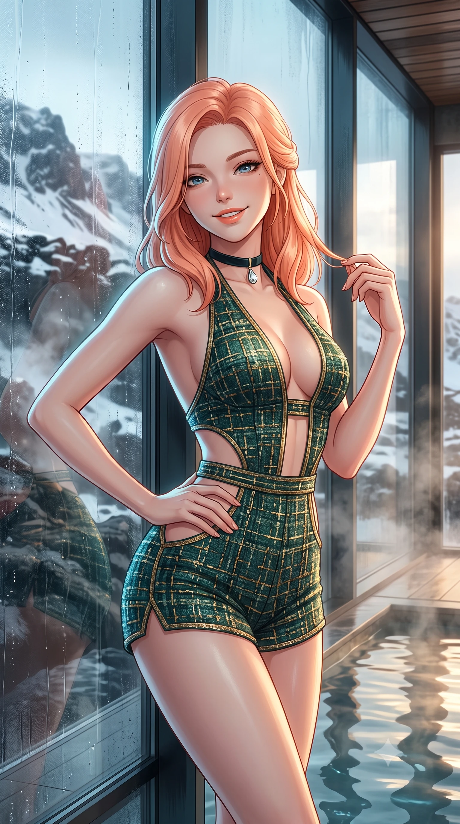 score_9, masterpiece, best quality, ultra-detailed, high-budget anime keyframe, editorial fashion photography, tasteful artistic composition, Japanese woman. close-up cowboy shot from the waist and thighs up, the character dominates the composition, filling the frame with her large presence. twisting her slender torso in an alluring contrapposto stance, one hand resting on her sculpted hip while her fingers toy with her hair with effortless poise while leaning against the floor-to-ceiling panoramic glass wall with hips cocked back, looking through rising thermal vapor with heavy-lidded bedroom-eyes. The surrounding environment is rendered in vivid detail and crisp panoramic clarity: detailed garment lines, wet cling or sheer fit, and Icelandic volcanic architecture in razor-sharp precision. She has an exceptionally elegant, slender, and willowy female figure with an ultra-slim waist, flat toned midriff, narrow ribcage, and sculpted feminine hips creating an alluring, slim hourglass silhouette without bulk. sharp v-shaped jawline, high-bridge nose, intricate jewel-like sparkling eyes with depth, thick eyelashes, glossy parted lips with a natural peach sheen, bright cheerful beaming smile with an enchanting and coquettish sensual glint, exuding both youthful cute charm and seductive allure, flawlessly proportioned anatomical accuracy, strict slender model proportions, natural body alignment, perfectly sculpted long slender limbs, ultra-slim waistline, clean dynamic posture without body distortion. wearing a daring low-cut halterneck romper with exposed midriff and strappy hip cutouts in Bavarian alpine spruce green and Neuschwanstein gilded gold, woven from structured British tweed with subtle metallic flecks, finished with a thin velvet ribbon choker and a single teardrop diamond pendant, the impeccably tailored cut draping gracefully along her slender figure with aristocratic poise. illuminated by milky water surface specular bounce and sharp platinum-cyan rim lights sculpting her jawline, narrow waist, and curvy hips. ultra-reflective glossy finish, specular highlights, rich textural contrasts, high-contrast stereoscopic depth, volumetric dynamic lighting, 2k, ultra detail, master piece, 9:16 ratio