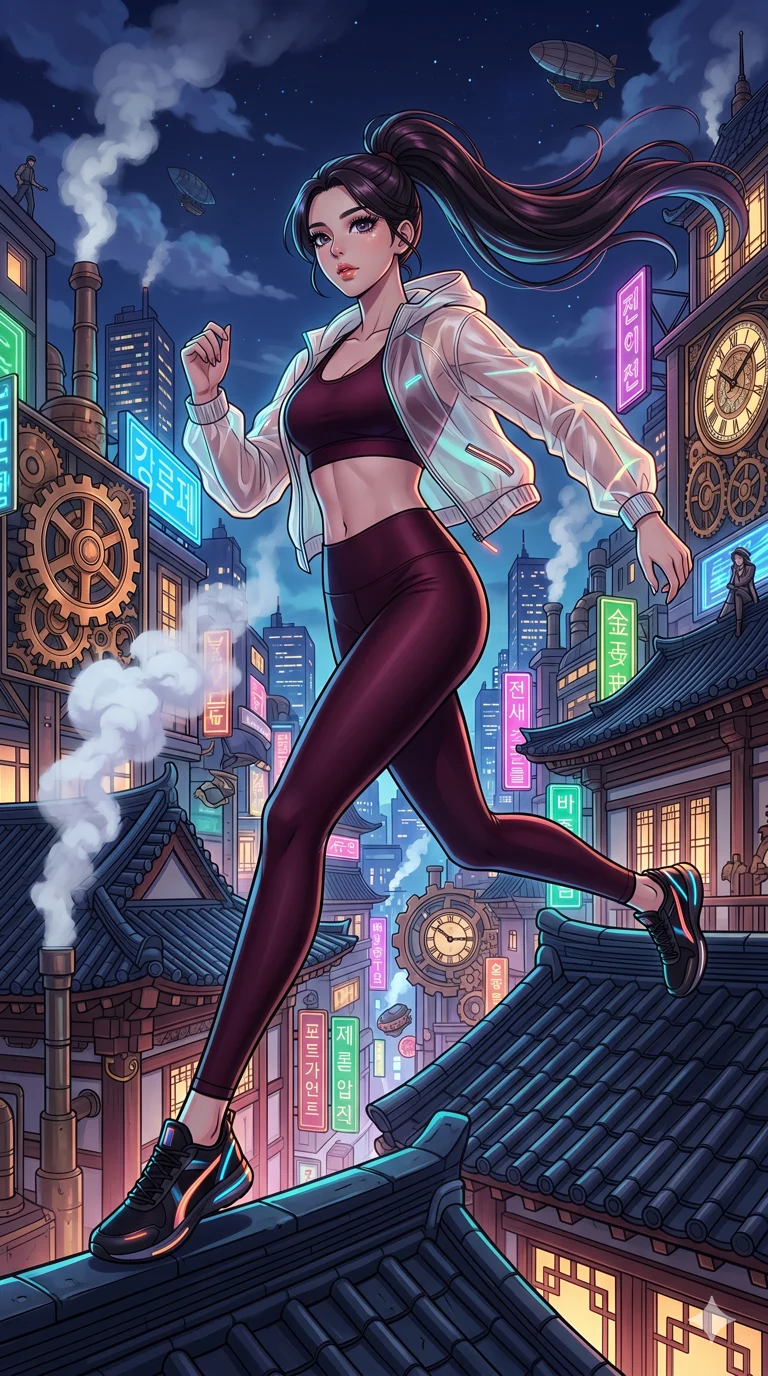 score_9, masterpiece, best quality, ultra-detailed, High-budget Anime Keyframe, beautiful Korean anime girl. Low angle cowboy shot filling the entire 9:16 frame with her statuesque presence. Leaping across the rooftops of a steampunk city at night with vibrant neon lights. She has an absolutely perfect 8-heads proportion, an exceptionally tall and slender female figure with impossibly long slender legs and an ultra-slim waist. Sharp v-shaped jawline, high-bridge nose, intricate jewel-like eyes with depth, thick eyelashes, glossy lips with a natural sheen. Wearing a Premium Athleisure outfit: sleek burgundy activewear with a sheer windbreaker and exposed midriff. Background is a bright and colorful city with golden gears, steam, and vibrant neon signs. 2k, ultra detail, master piece, 9:16 ratio