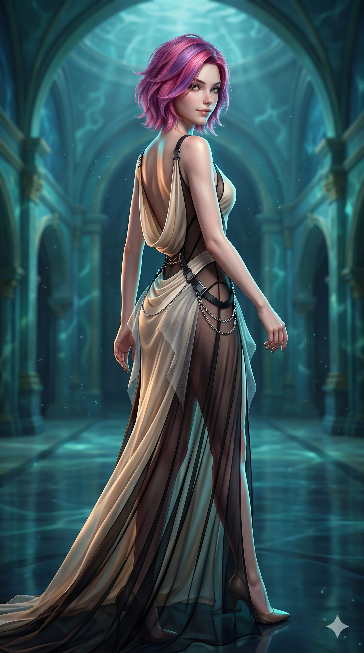 score_9, masterpiece, best quality, ultra-detailed, high-budget anime keyframe, semi-realistic 3D game render, editorial fashion photography, tasteful artistic composition, Caucasian woman. close-up cowboy shot from the waist and thighs up, the character dominates the composition, filling the frame with her large presence. glancing sidelong over her shoulder with a smoldering, enigmatic half-smile that commands the frame while walking slowly across the subterranean hall with feline poise, her long slender legs and curvy hips commanding the underwater atmosphere. The background shows a soft-focus subterranean palace atrium softened in aquatic architecture shallow focus. She has an exceptionally elegant, slender, and willowy female figure with an ultra-slim waist, flat toned midriff, narrow ribcage, and sculpted feminine hips creating an alluring, slim hourglass silhouette without bulk. sharp v-shaped jawline, high-bridge nose, intricate jewel-like dark sparkling eyes with hypnotic seductive depth, thick curled eyelashes, glossy parted lips with a natural wine sheen, alluring bedroom-eyes with an enigmatic smoldering smile, exuding magnetic sovereign charisma and dark avant-garde glamour, flawlessly proportioned anatomical accuracy, strict slender model proportions, natural body alignment, perfectly sculpted long slender limbs, ultra-slim waistline, clean dynamic posture without body distortion. wearing a form-contouring gossamer silk chiffon slip dress with hip-high slit and open cowl back clinging with mist in celestial champagne ivory and high-gloss jet black, crafted from fine dark contouring mesh with sheer geometric transparency, framed by dark titanium buckles and silver chain details, the bespoke structured tailoring following the natural line of her 8.5-heads silhouette with refined elegance. illuminated by polished floor bounce and sharp cyan-amber rim lights defining her razor-sharp jawline, narrow waist, and curvy hips. highly saturated vibrant anime colors, detailed shading with soft gradients, rich glossy textures, high-contrast stereoscopic depth, volumetric dynamic lighting, master piece, 9:16 ratio