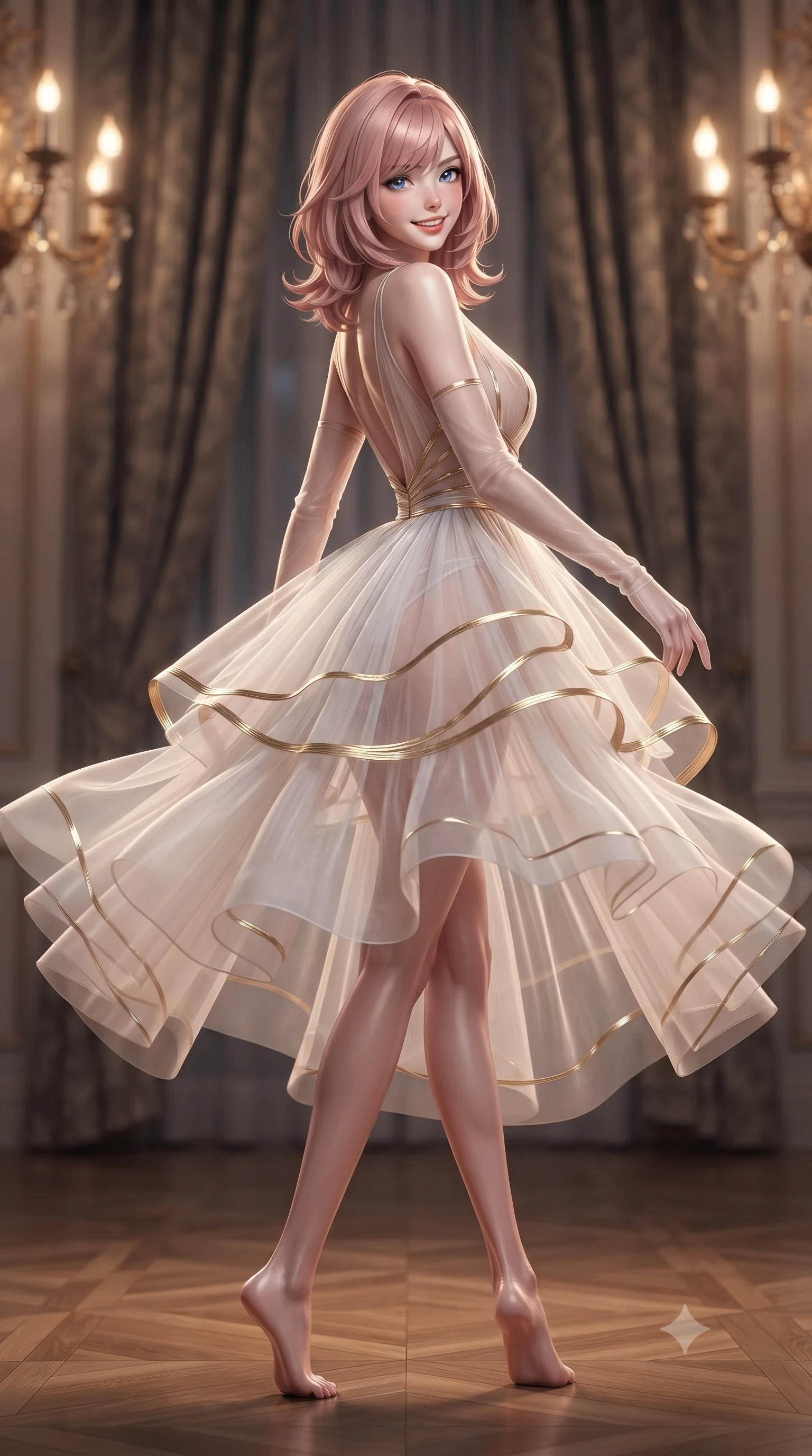 score_9, masterpiece, best quality, ultra-detailed, high-budget anime keyframe, editorial fashion photography, tasteful artistic composition, Japanese woman. low angle full-body shot from head to toe showing her feet, filling the entire 9:16 vertical frame with her statuesque presence, stretching her vertical silhouette. executing a slow, graceful pivot turn as her skirt sways around her slender legs, glancing back with an enchanting, teasing sensual expression while twisting her slender torso in an alluring contrapposto stance on the polished parquet floor, colossal brass chandelier flames tracing her narrow waist and curvy hips. The background shows a soft-focus heavy brocade portiere curtains softened in Bavarian fairy-tale castle shallow focus. She has an exceptionally tall and slender model-like 8.5-heads proportion, an ultra-slim waist, a flat toned midriff, narrow delicate ribcage, and beautifully sculpted feminine hips creating a graceful, slim hourglass silhouette without any bulky heaviness, with impossibly long slender legs. sharp v-shaped jawline, high-bridge nose, intricate jewel-like sparkling eyes with depth, thick eyelashes, glossy parted lips with a natural peach sheen, bright cheerful beaming smile with an enchanting and coquettish sensual glint, exuding both youthful cute charm and seductive allure, flawlessly proportioned anatomical accuracy, strict slender model proportions, natural body alignment, perfectly sculpted long slender limbs, ultra-slim waistline, clean dynamic posture without body distortion. wearing a plunge-front sheer illusion tulle slip dress with liquid gold ribbon stripes hugging her curves in pure translucent crystal white and liquid platinum, crafted from bespoke double-faced cashmere with an exceptionally soft tactile finish, complemented by sheer opera-length evening gloves tracing her slender arms, the glove-like clinging cut tightly following the natural contour of her hips and long slender legs with youthful 8.5-heads elegance. illuminated by parquet reflection bounce and sharp imperial-gold rim lights defining her razor-sharp jawline, narrow waist, and curvy hips. ultra-reflective glossy finish, specular highlights, rich textural contrasts, high-contrast stereoscopic depth, volumetric dynamic lighting, 2k, ultra detail, master piece, 9:16 ratio