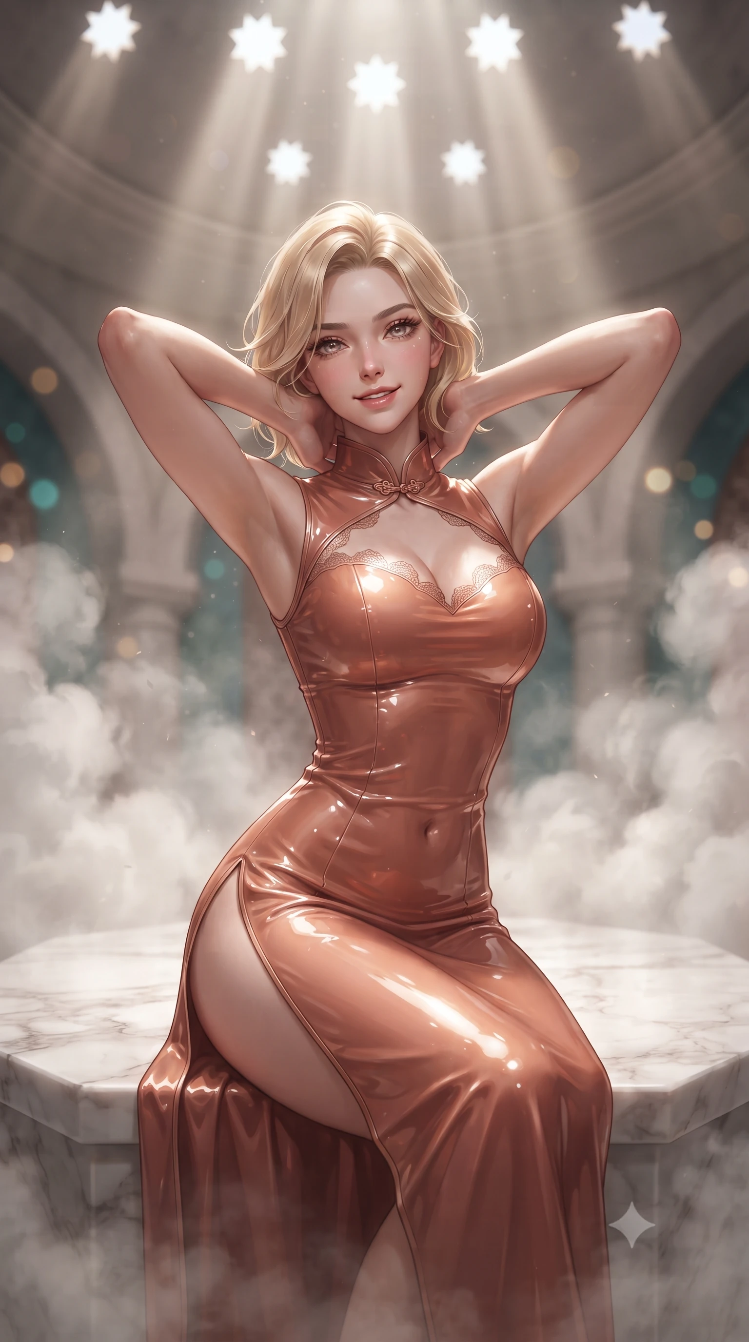 score_9, masterpiece, best quality, ultra-detailed, high-budget anime keyframe, editorial fashion photography, tasteful artistic composition, Caucasian woman. close-up cowboy shot from the waist and thighs up, the character dominates the composition, filling the frame with her large presence. resting both hands lightly behind her neck with elbows raised, arching her spine to highlight her narrow waist, flat midriff, and breathtaking collarbones while sitting poised on the heated central hexagonal marble massage slab, arching her spine with wet-look siren grace amid billowing aromatic eucalyptus steam. The background shows a soft-focus billowing eucalyptus steam clouds, pierced star-shaped glass openings in domed ceiling casting beams of light, and vaulted arches blurred into pearl, turquoise, and amber bokeh. She has an exceptionally elegant, slender, and willowy female figure with an ultra-slim waist, flat toned midriff, narrow ribcage, and sculpted feminine hips creating an alluring, slim hourglass silhouette without bulk. sharp v-shaped jawline, high-bridge nose, sparkling eyes with hypnotic seductive depth, thick curled eyelashes, glossy parted lips with a natural dewy peach sheen, alluring bedroom-eyes with an enchanting coquettish smile, exuding magnetic siren charisma and sophisticated glamour, flawlessly proportioned anatomical accuracy, strict slender model proportions, natural body alignment, perfectly sculpted long slender limbs, ultra-slim waistline, clean dynamic posture without body distortion. wearing a modern cheongsam-inspired form-fitting sheer mesh cocktail dress with mandarin collar and dramatic hip-high side slits in Atlas terracotta and desert rose gold, crafted from wet-look high-gloss vinyl fabric with dazzling specular surface reflections, finished with scalloped eyelash lace trim framing her sweetheart neckline with intimate elegance, the form-contouring silhouette accentuating her sculpted flat midriff, narrow delicate ribcage, and gracefully curvy hips with intoxicating allure. illuminated by wet marble reflection bounce and sharp champagne-gold rim lights defining her delicate clavicles, ultra-slim waist, and curvy hips. ultra-reflective glossy finish, specular highlights, rich textural contrasts, high-contrast stereoscopic depth, volumetric dynamic lighting, 2k, ultra detail, master piece, 9:16 ratio