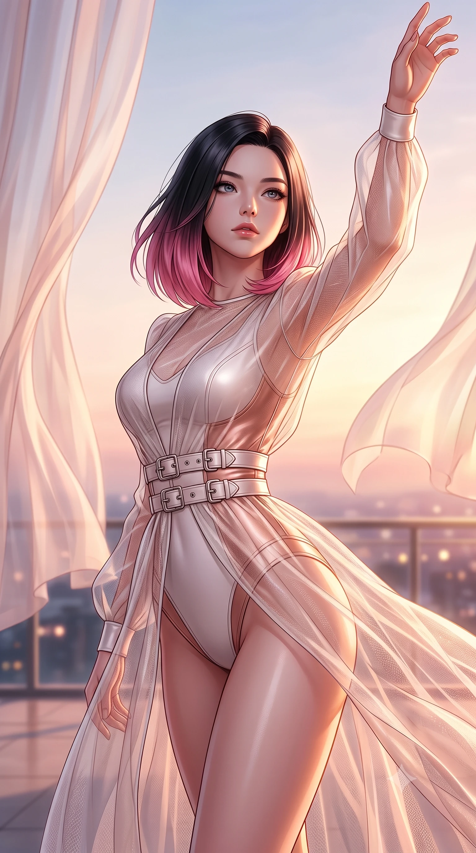 score_9, masterpiece, best quality, ultra-detailed, high-budget anime keyframe, editorial fashion photography, tasteful artistic composition, Korean woman. close-up cowboy shot from the waist and thighs up, the character dominates the composition, filling the frame with her large presence, background elements kept in soft focus. Gazing past the lens with composed intensity as her torso curves dynamically in mid-motion while reaching one arm toward the open sky as billowing silk gossamer curtains flutter nearby, translucent silk curtains drifting lazily in a high-altitude sky breeze. She has an exceptionally elegant, slender, and willowy female figure with an ultra-slim waist, a gracefully sculpted slender torso, and a refined silhouette. sharp v-shaped jawline, high-bridge nose, intricate jewel-like eyes with depth, thick eyelashes, glossy lips with a natural sheen, flawlessly proportioned anatomical accuracy, natural body alignment, perfectly sculpted elegant limbs, clean dynamic posture without body distortion. wearing a semi-opaque sheer overlay dress over a leather micro-bodysuit in pearl white and rose gold, woven from fine semi-opaque sheer organza, detailed with polished silver buckles along the waistline, the tailored fabric tightly following every curve of her athletic build. bathed in glorious golden hour sunbeams and warm rose-gold ambient light. highly saturated vibrant anime colors, detailed shading with soft gradients, rich glossy textures, high-contrast stereoscopic depth, volumetric dynamic lighting, master piece, 9:16 ratio