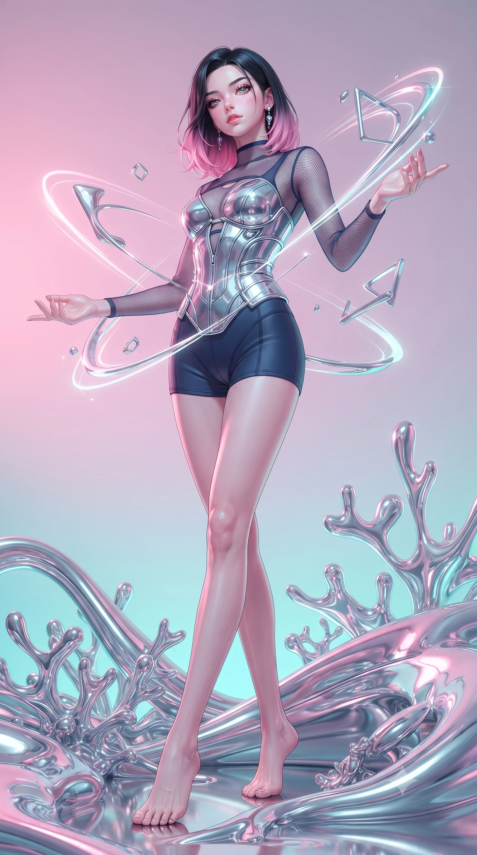 score_9, masterpiece, best quality, ultra-detailed, high-budget anime keyframe, editorial fashion photography, tasteful artistic composition, Korean woman. low angle full-body shot from head to toe showing her feet, filling the entire 9:16 vertical frame with her statuesque presence, stretching her vertical silhouette. interacting gracefully with the magical floating elements while maintaining a confident posture poised on a reflective chrome reef filled with living liquid mercury corals, liquid chrome corals flowing smooth like molten mercury around her feet. She has an absolutely perfect, statuesque 8.5-heads proportion, an exceptionally tall and slender model-like female figure with impossibly long slender legs and an ultra-slim waist. sharp v-shaped jawline, high-bridge nose, intricate jewel-like eyes with depth, thick eyelashes, glossy lips with a natural sheen. wearing a chrome-plated structured bodice worn over a sheer mesh top and micro-shorts in midnight navy blue and chrome trim, formed from sleek second-skin neoprene, accented with a Tasteful chest slit framing her clavicle gracefully, the elegant draped fit framing her graceful clavicle and slender torso. bathed in soft pastel pink and turquoise neon glow with glossy chrome reflections. highly saturated vibrant anime colors, detailed shading with soft gradients, rich glossy textures, high-contrast stereoscopic depth, volumetric dynamic lighting, master piece, 9:16 ratio