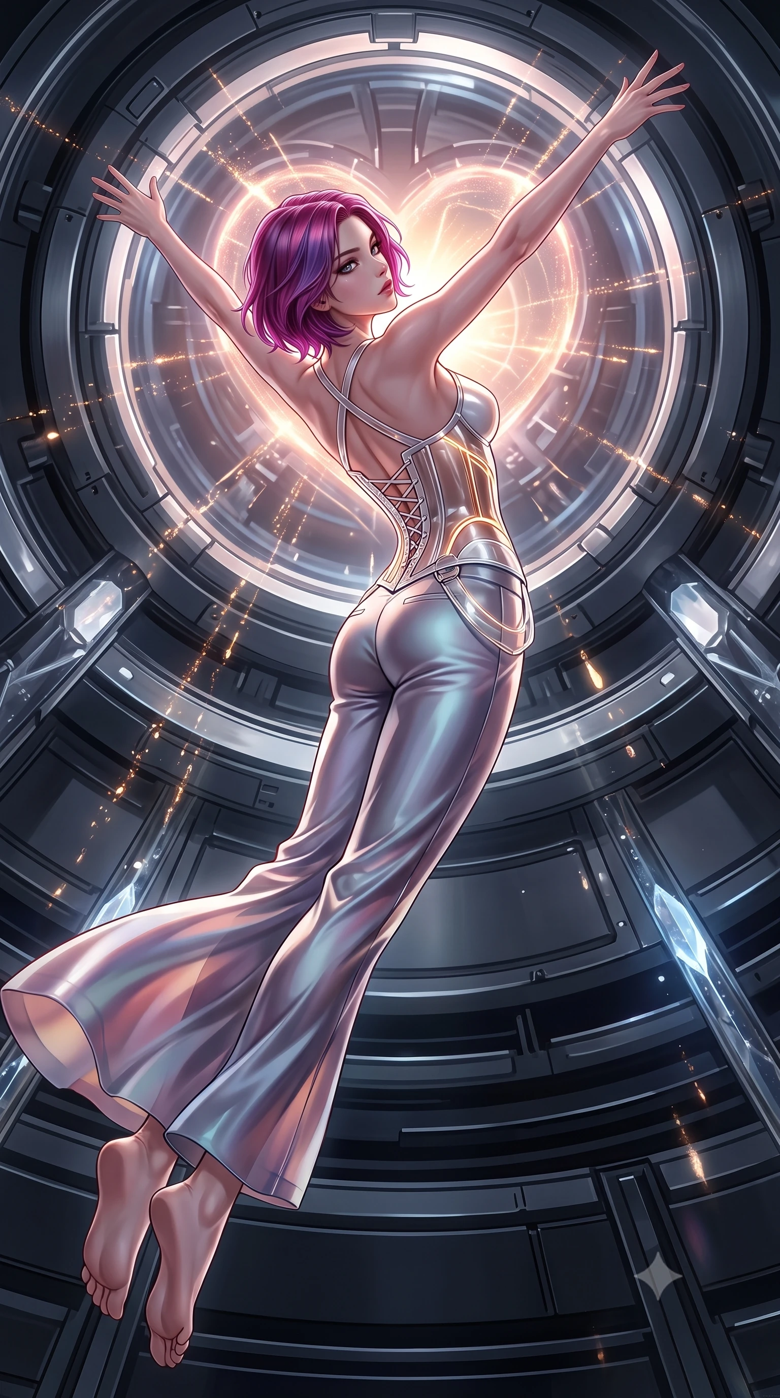 score_9, masterpiece, best quality, ultra-detailed, high-budget anime keyframe, editorial fashion photography, tasteful artistic composition, Caucasian woman. low angle full-body shot from head to toe showing her feet, filling the entire 9:16 vertical frame with her statuesque presence, stretching her vertical silhouette. pivoting dynamically in mid-motion with a breathtakingly alluring posture, displaying her flawless model proportions, toned flat midriff, and ultra-slim waist while arching her spine in a fluid zero-gravity stretch with arms outstretched toward the glowing heart of the warp core. The surrounding environment is rendered in vivid detail and crisp panoramic clarity. sharp magnetic ring mechanical seams, distinct glowing particle trails, and crystalline conduit facets in deep focus. She has an absolutely perfect, statuesque 8.5-heads proportion, an exceptionally tall and slender model-like female figure with impossibly long slender legs, a toned flat midriff, and an ultra-slim waist. sharp v-shaped jawline, high-bridge nose, intricate jewel-like eyes with depth, thick eyelashes, glossy lips with a natural sheen, flawlessly proportioned anatomical accuracy, strict slender model proportions, natural body alignment, perfectly sculpted long slender limbs, ultra-slim waistline, clean dynamic posture without body distortion. wearing a structured translucent cyber-corset paired with tailored high-fashion satin trousers that sharply cinch her ultra-slim waist in high-contrast monochrome white enamel and glowing amber lines, made of smooth flowing silk chiffon that shifts colors with movement, complemented by criss-cross back straps highlighting her completely bare spine, the sleek second-skin cut tightly hugging her graceful clavicle, narrow waist, and feminine curves with athletic precision. illuminated by intense directional rim lights sharply defining her ultra-slim waist, long legs, and flat midriff. ultra-reflective glossy finish, specular highlights, dark metallic sheen, high-contrast stereoscopic depth, volumetric dynamic lighting, 2k, ultra detail, master piece, 9:16 ratio