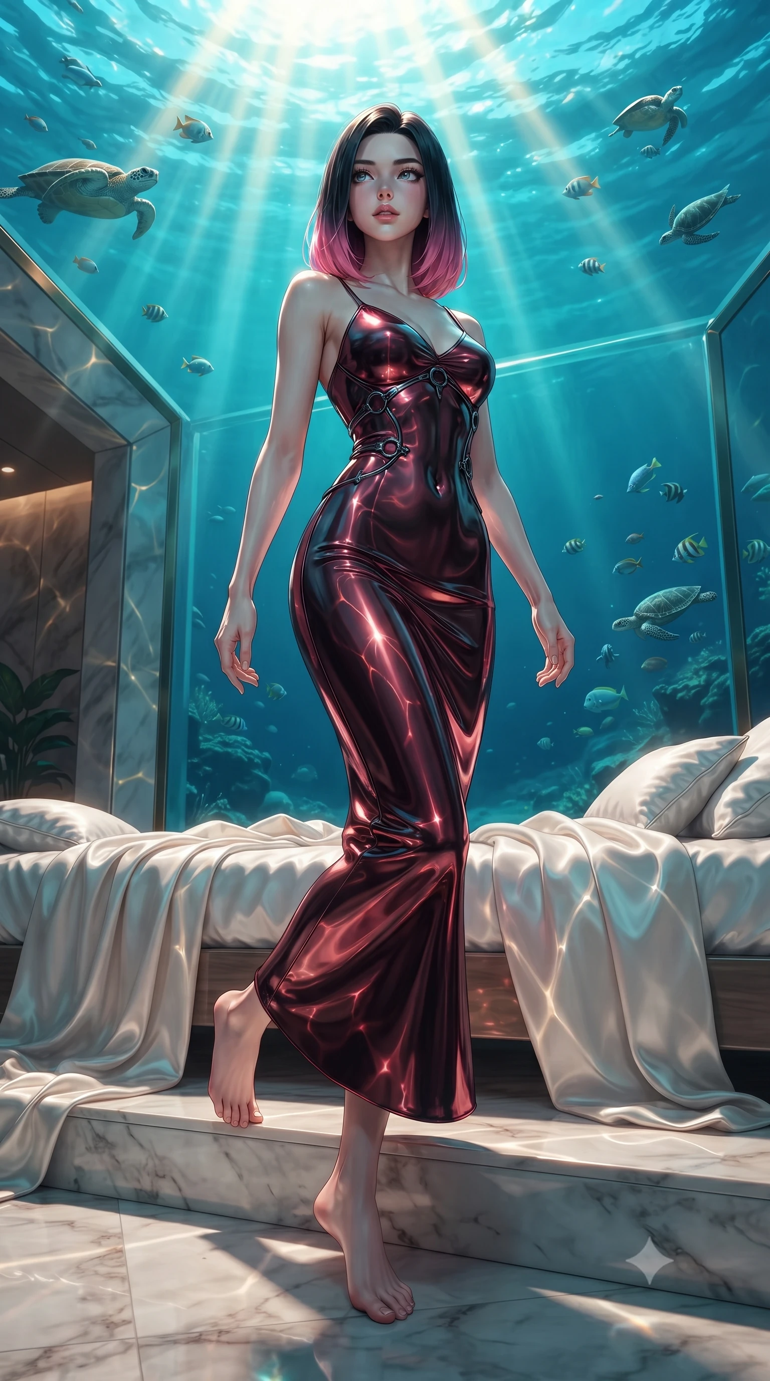score_9, masterpiece, best quality, ultra-detailed, high-budget anime keyframe, editorial fashion photography, tasteful artistic composition, Korean woman. low angle full-body shot from head to toe showing her feet, filling the entire 9:16 vertical frame with her statuesque presence, stretching her vertical silhouette. stepping gracefully through the luxurious environment, stretching her statuesque silhouette, lounging on a white silk daybed as sea turtles and tropical fish swim overhead, golden sunbeams penetrating turquoise ocean water creating caustic light webs. She has an absolutely perfect, statuesque 8.5-heads proportion, an exceptionally tall and slender model-like female figure with impossibly long slender legs and an ultra-slim waist. sharp v-shaped jawline, high-bridge nose, intricate jewel-like eyes with depth, thick eyelashes, glossy lips with a natural sheen. wearing form-contouring dark crimson liquid silk long slip dress in champagne gold, made of sculpted obsidian metallic chrome, trimmed with dark chrome ring hardware along the waist contours, contouring every curve with an exceptionally elegant silhouette. illuminated by golden caustic water rays and bright turquoise sea light. ultra-reflective glossy finish, specular highlights, metallic sheen, high-contrast stereoscopic depth, volumetric dynamic lighting, 2k, ultra detail, master piece, 9:16 ratio
