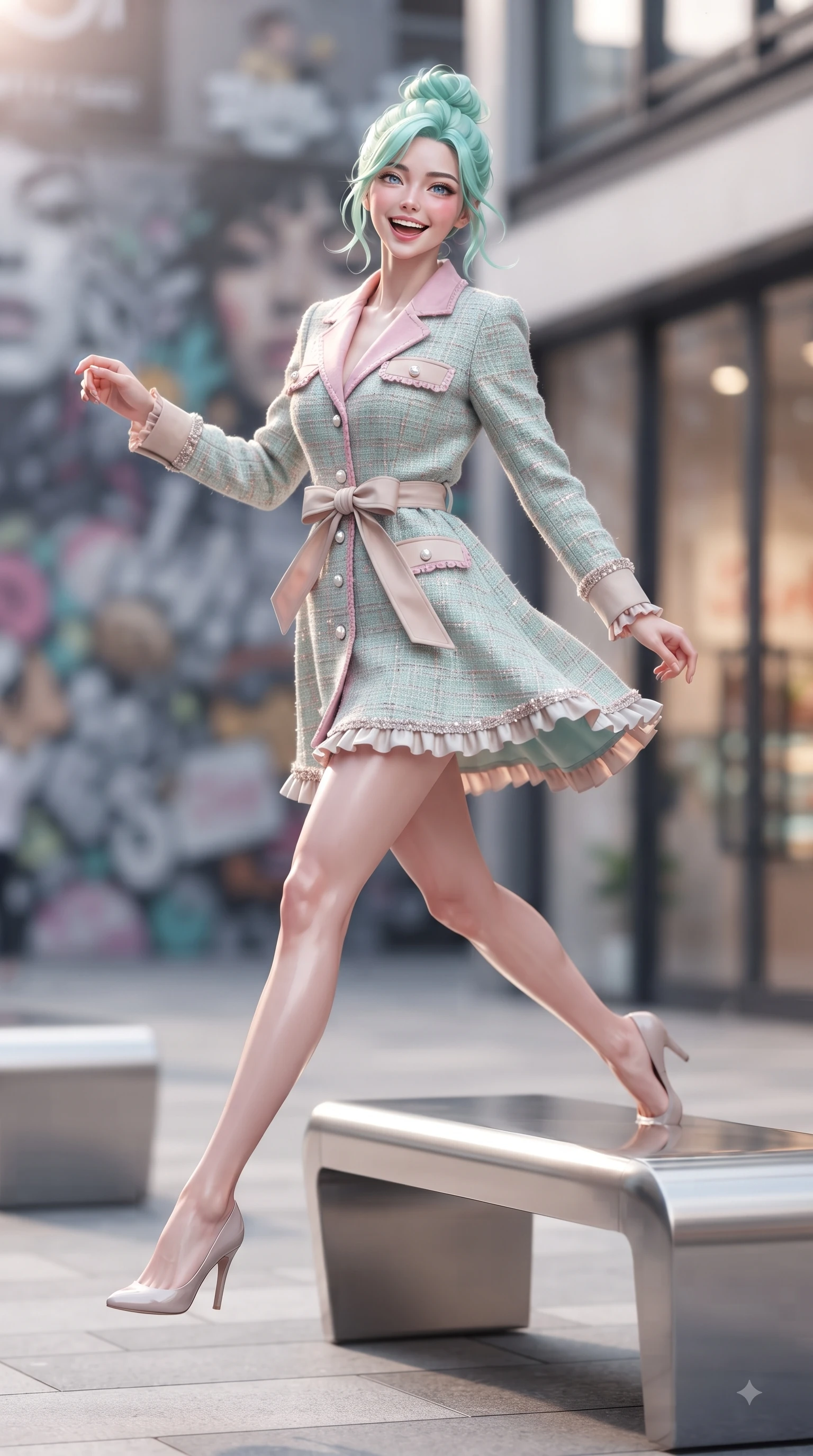 score_9, masterpiece, best quality, ultra-detailed, high-budget anime keyframe, editorial fashion photography, tasteful artistic composition, Japanese woman. low angle full-body shot from head to toe showing her feet, filling the entire 9:16 vertical frame with her statuesque presence, stretching her vertical silhouette. leaping with pure youthful energy through the scene with a radiant bright smile, her long slender legs balanced gracefully while resting on a sleek modern outdoor bench outside a trendy dessert cafe with a joyful expression. The composition keeps background elements in soft focus with dreamy bokeh. stylish street art murals and modern shop windows softened by gentle shallow depth of field. She has an absolutely perfect, statuesque 8.5-heads proportion, an exceptionally tall and slender model-like female figure with impossibly long slender legs and an ultra-slim waist. sharp v-shaped jawline, high-bridge nose, intricate jewel-like eyes with depth, thick eyelashes, glossy lips with a natural sheen, flawlessly proportioned anatomical accuracy, natural body alignment, perfectly sculpted elegant limbs, clean dynamic posture without body distortion. wearing a stylish pastel mint trench dress with a tied belt waist and folded collar in cherry blossom pink and soft beige, tailored from soft pastel tweed with subtle metallic thread, finished with subtle ruffle trims and delicate pearl buttons, the soft airy drape swaying gracefully with her dynamic movements. surrounded by a trendy, youthful, and energetic fashion street aura. ultra-reflective glossy finish, specular highlights, metallic sheen, high-contrast stereoscopic depth, volumetric dynamic lighting, 2k, ultra detail, master piece, 9:16 ratio