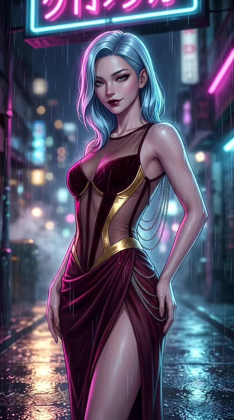 score_9, masterpiece, best quality, ultra-detailed, high-budget anime keyframe, semi-realistic 3D game render, editorial fashion photography, tasteful artistic composition, Korean woman. close-up cowboy shot from the waist and thighs up, the character dominates the composition, filling the frame with her large presence. glancing down over lowered lashes before meeting the camera with quiet, devastating intensity, her tailored outfit tracing her ultra-slim waist and hips while pausing beneath an overhanging neon sign with hips cocked back, flashing a dangerous, flirtatious half-smile through falling raindrops. The background shows a soft-focus nocturnal Tokyo alleyway softened in atmospheric rain shallow focus. She has an exceptionally elegant, slender, and willowy female figure with an ultra-slim waist, flat toned midriff, narrow ribcage, and sculpted feminine hips creating an alluring, slim hourglass silhouette without bulk. sharp v-shaped jawline, high-bridge nose, intricate jewel-like dark sparkling eyes with dangerous depth, thick curled eyelashes, glossy parted lips with a rich wine sheen, smoldering seductive half-smile with bedroom-eyes, exuding effortless superiority and intoxicating dark allure, flawlessly proportioned anatomical accuracy, strict slender model proportions, natural body alignment, perfectly sculpted long slender limbs, ultra-slim waistline, clean dynamic posture without body distortion. wearing a sheer-illusion mesh corset gown with strategic opaque velvet panels framing her waist and hips in deep wine burgundy and lustrous gold foil, made of fluid liquid jersey with seamless sculpting hold and smooth contours, accented with an open-back drape framed by falling strands of delicate chrome chains, the high-slit wrap tailoring accentuating her ultra-slim waistline and the enchanting curve of her feminine hips with alluring seductive charm. illuminated by steam-lit ground bounce and sharp fuchsia-cyan rim lights defining her razor-sharp jawline, narrow waist, and curvy hips. highly saturated vibrant anime colors, detailed shading with soft gradients, rich glossy textures, high-contrast stereoscopic depth, volumetric dynamic lighting, master piece, 9:16 ratio