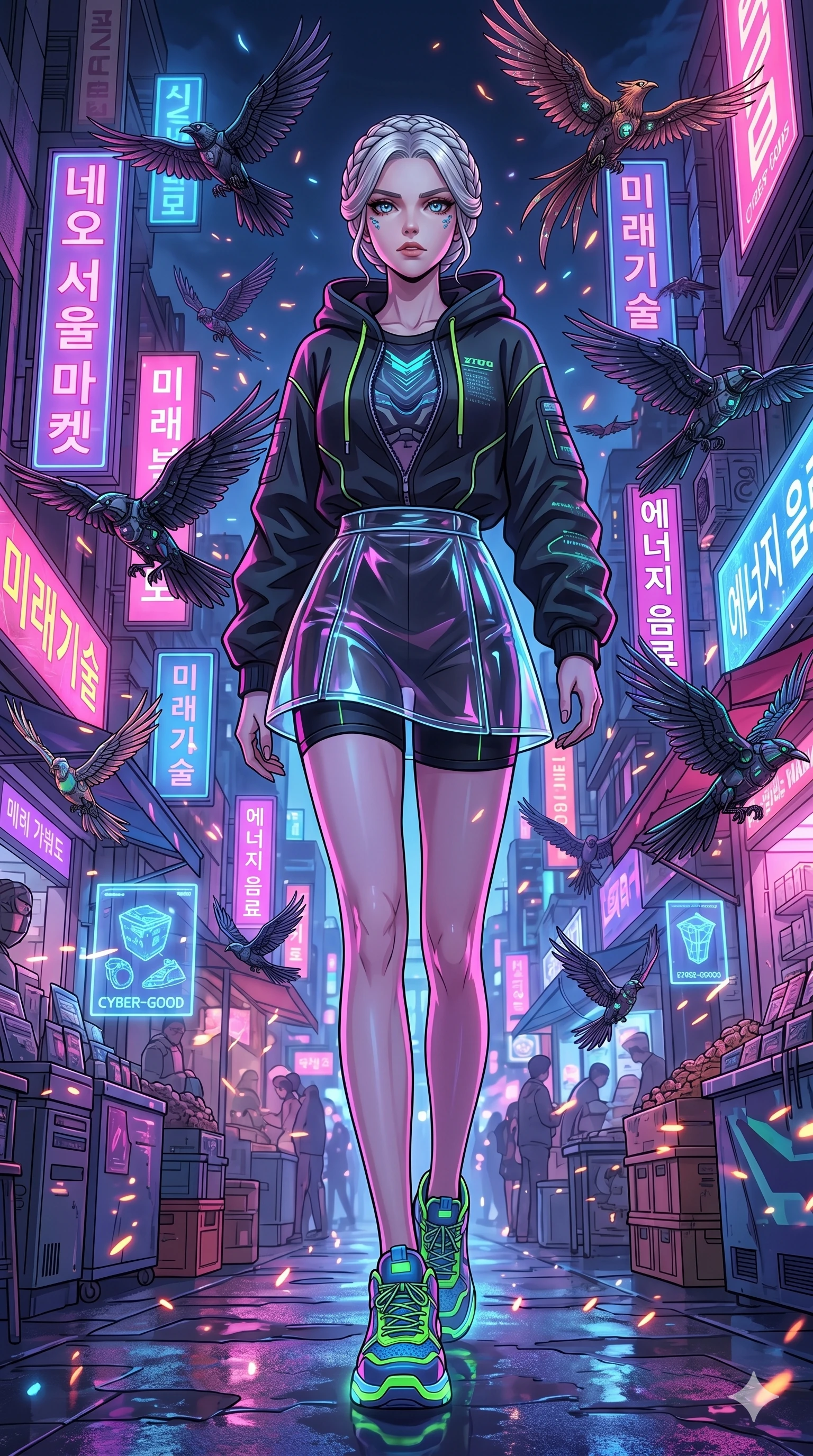 score_9, masterpiece, best quality, ultra-detailed, Set A: High-budget Anime Keyframe, Caucasian (strictly human ears) woman. Low angle cowboy shot filling the entire 9:16 frame with her statuesque presence. Standing victoriously through a neon-lit Neo-Seoul market, surrounded by a whirlwind of 202 mechanical birds and surrounded by glowing energy sparks. She has an absolutely perfect 8-heads proportion, an exceptionally tall and slender female figure with impossibly long slender legs and an ultra-slim waist. Sharp v-shaped jawline, high-bridge nose, intricate jewel-like eyes with depth, thick eyelashes, glossy lips with a natural sheen. Wearing Streetwear tech-hoodie with a transparent PVC skirt and neon sneakers. Cinematic lighting, vibrant colors, dramatic shadows, 2k, ultra detail, master piece, 9:16 ratio