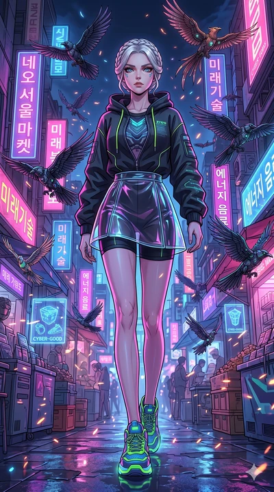 score_9, masterpiece, best quality, ultra-detailed, Set A: High-budget Anime Keyframe, Caucasian (strictly human ears) woman. Low angle cowboy shot filling the entire 9:16 frame with her statuesque presence. Standing victoriously through a neon-lit N