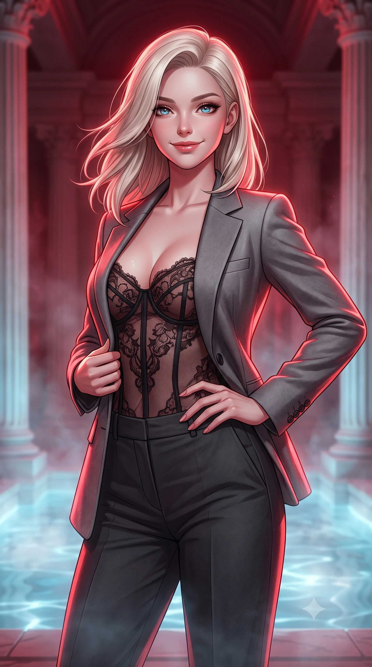 score_9, masterpiece, best quality, ultra-detailed, high-budget anime keyframe, editorial fashion photography, tasteful artistic composition, Caucasian woman, strictly human ears. close-up cowboy shot from the waist and thighs up, the character dominates the composition, filling the frame with her large presence, background elements kept in soft focus. Casting a soft, warm, affectionate smile with glowing eyes. set against a soft-focus background of inside a grand roman bath chamber with columns of white travertine, the steaming thermal waters glowing with an opaline blue light. She has an exceptionally elegant, slender, and willowy female figure with a highly-defined ultra-slim waist, a gracefully sculpted slender torso, and a refined slim-fit silhouette that contours her form. sharp v-shaped jawline, high-bridge nose, intricate jewel-like eyes with depth, thick eyelashes, glossy lips with a natural sheen. wearing a tailored grey wool blazer over a sheer black lace corset top, paired with charcoal tailored slacks. deep crimson theatrical lighting with sharp specular highlights on every curve. 2k, ultra detail, master piece, 9:16 ratio