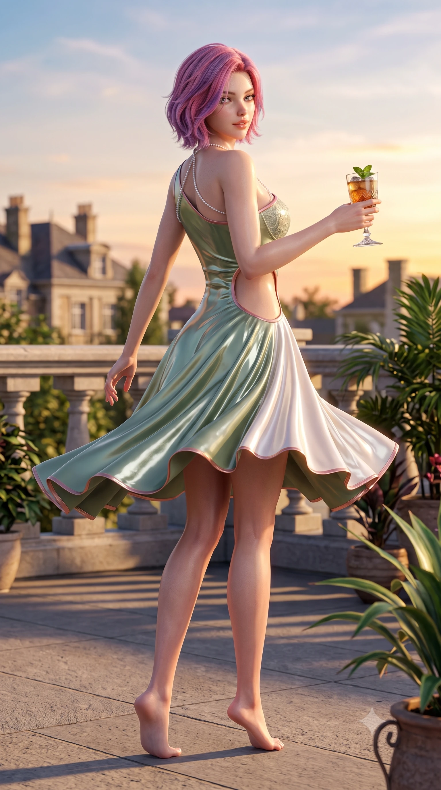 score_9, masterpiece, best quality, ultra-detailed, high-budget anime keyframe, semi-realistic 3D game render, editorial fashion photography, tasteful artistic composition, Caucasian woman. low angle full-body shot from head to toe showing her feet, filling the entire 9:16 vertical frame with her statuesque presence, stretching her vertical silhouette. executing a slow, graceful pivot turn as her skirt sways around her slender legs, glancing back with an enchanting, teasing sensual expression while lounging gracefully on a vintage wicker chaise lounge with legs crossed, holding a glass of iced tea with an intoxicating, smoldering gaze. The surrounding environment is rendered in vivid detail and crisp panoramic clarity: detailed lace corset bodice drape, sun-kissed skin highlights, and country estate architecture in razor-sharp precision. She has an absolutely perfect, statuesque 8.5-heads proportion, an exceptionally tall and slender model-like female figure with impossibly long slender legs, an ultra-slim waist, a flat toned midriff, narrow delicate ribcage, and beautifully sculpted feminine hips creating a graceful, slim hourglass silhouette without any bulky heaviness. sharp v-shaped jawline, high-bridge nose, sparkling eyes with hypnotic seductive depth, thick curled eyelashes, glossy parted lips with a natural dewy peach sheen, alluring bedroom-eyes with an enchanting coquettish smile, exuding magnetic siren charisma and sophisticated glamour, flawlessly proportioned anatomical accuracy, strict slender model proportions, natural body alignment, perfectly sculpted long slender limbs, ultra-slim waistline, clean dynamic posture without body distortion. wearing an asymmetric one-shoulder metallic cocktail mini dress with a dramatic side cutout hugging her waist and hips in botanical sage green and pure pearlescent ivory with rose trims, crafted from wet-look high-gloss vinyl fabric with dazzling specular surface reflections, finished with a pearl-drop body harness subtly framing her dewy collarbones and spine, the second-skin tailored fabric adhering flawlessly to her sculpted flat midriff and slender torso, emphasizing her long leg lines and perfectly proportioned willowy build. bathed in rich golden hour sunset illumination washing horizontally across the rooftop garden. highly saturated vibrant anime colors, detailed shading with soft gradients, rich glossy textures, high-contrast stereoscopic depth, volumetric dynamic lighting, master piece, 9:16 ratio