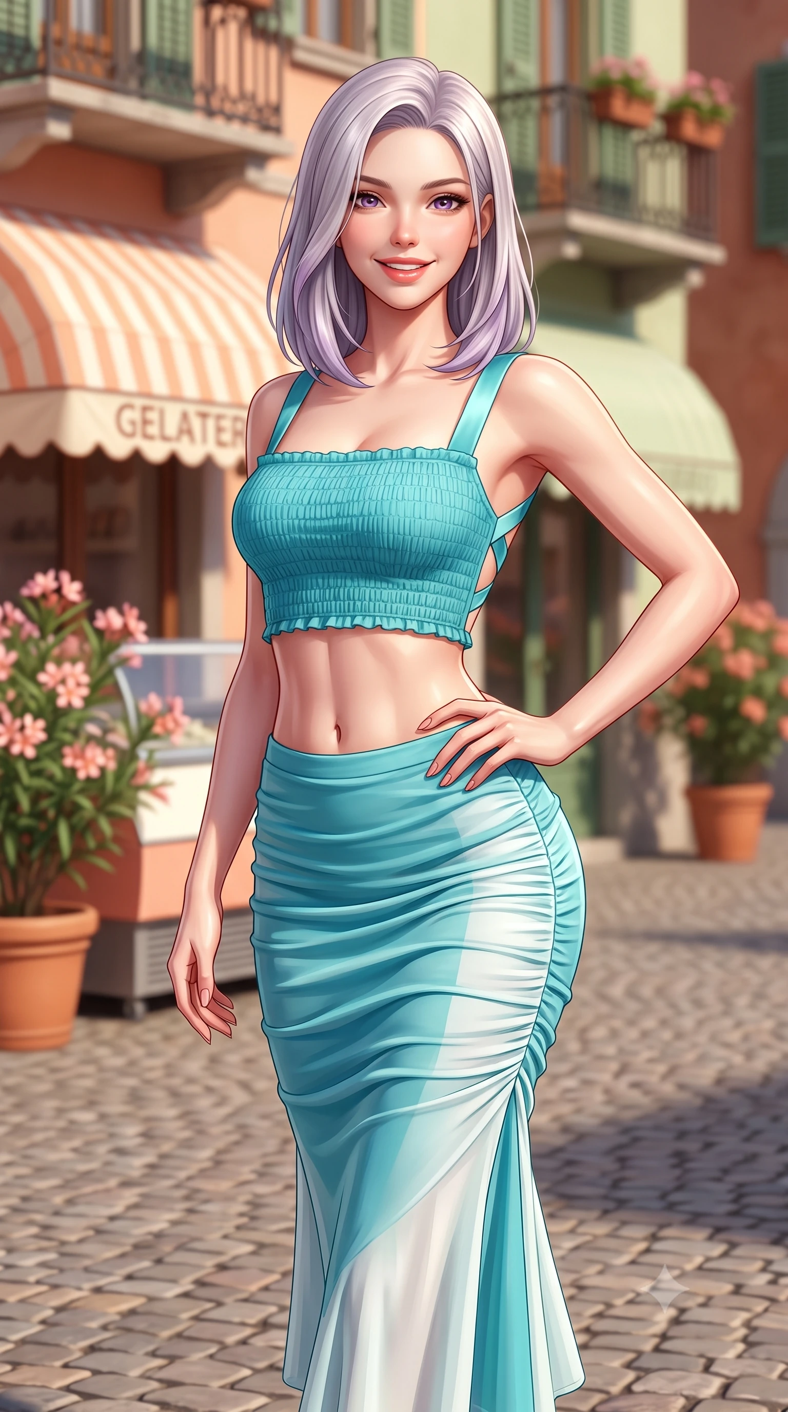 score_9, masterpiece, best quality, ultra-detailed, high-budget anime keyframe, semi-realistic 3D game render, editorial fashion photography, tasteful artistic composition, Caucasian woman. close-up cowboy shot from the waist and thighs up, the character dominates the composition, filling the frame with her large presence. twisting her slender torso in an alluring contrapposto stance, one hand resting on her sculpted hip while flashing a radiant, playful smile with parted glossy lips while standing poised on the cobblestone square, twisting her slender torso in an alluring S-curve in the warm Italian afternoon light. The composition keeps background elements in soft focus with dreamy creamy bokeh. vintage striped gelateria awnings, potted oleander flowers, and historic Milanese balconies blurred into peach, pistacchio, and terracotta bokeh. She has an exceptionally elegant, slender, and willowy female figure with an ultra-slim waist, flat toned midriff, narrow ribcage, and sculpted feminine hips creating an alluring, slim hourglass silhouette without bulk. sharp v-shaped jawline, high-bridge nose, intricate jewel-like sparkling eyes with depth, thick eyelashes, glossy parted lips with a natural peach sheen, bright cheerful beaming smile with an enchanting and coquettish sensual glint, exuding both youthful cute charm and seductive allure, flawlessly proportioned anatomical accuracy, strict slender model proportions, natural body alignment, perfectly sculpted long slender limbs, ultra-slim waistline, clean dynamic posture without body distortion. wearing a fitted square-neck smocked crop top paired with a curve-hugging ruched mermaid midi skirt in ocean turquoise and sea-salt white, tailored from fine lightweight chiffon that flutters gently in the breeze, finished with criss-cross back satin straps highlighting her graceful shoulder blades, the form-contouring cut accentuating her sculpted flat midriff, narrow delicate ribcage, and gracefully curvy hips with supermodel precision. illuminated by crisp directional highlights accentuating her sculpted midriff, narrow waist, and curvy hips. highly saturated vibrant anime colors, detailed shading with soft gradients, rich glossy textures, high-contrast stereoscopic depth, volumetric dynamic lighting, master piece, 9:16 ratio