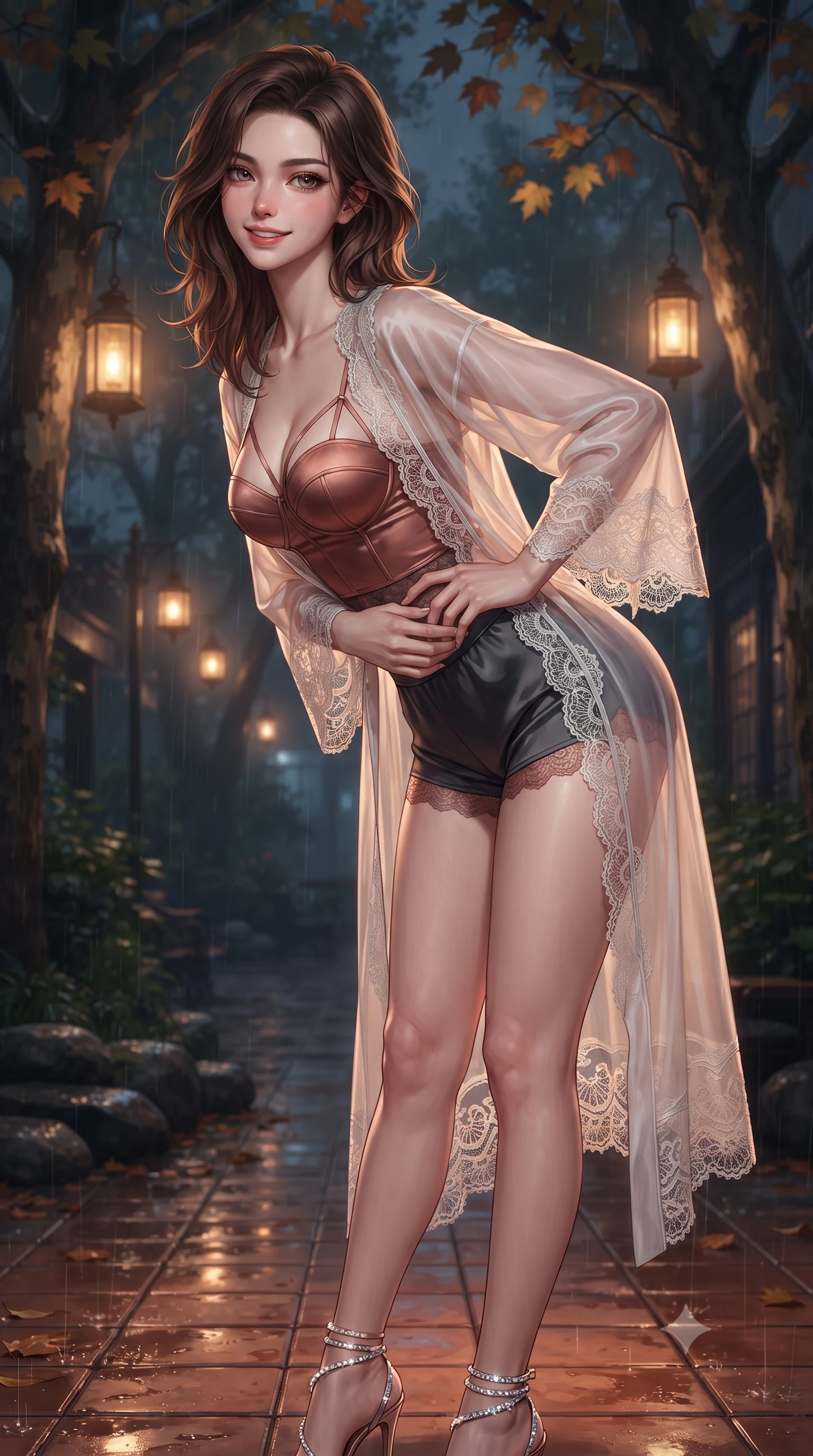 score_9, masterpiece, best quality, ultra-detailed, high-budget anime keyframe, editorial fashion photography, tasteful artistic composition, Korean woman. close-up cowboy shot from the waist and thighs up, the character dominates the composition, filling the frame with her large presence. leaning forward while arching her lower back to accentuate her curvy hips, looking into the camera with an intoxicating smoldering gaze and bedroom-eyes while standing poised on the damp terracotta patio beneath towering plane trees, arching her spine with effortless siren grace as autumn midnight rain glistens on garden stones. The background shows a soft-focus hanging brass gas lanterns softened in romantic colonial Shanghai nocturnal romance shallow focus. She has an exceptionally elegant, slender, and willowy female figure with an ultra-slim waist, flat toned midriff, narrow ribcage, and sculpted feminine hips creating an alluring, slim hourglass silhouette without bulk. sharp v-shaped jawline, high-bridge nose, intricate jewel-like sparkling eyes with depth, thick eyelashes, glossy parted lips with a natural peach sheen, bright cheerful beaming smile with an enchanting and coquettish sensual glint, exuding both youthful cute charm and seductive allure, flawlessly proportioned anatomical accuracy, strict slender model proportions, natural body alignment, perfectly sculpted long slender limbs, ultra-slim waistline, clean dynamic posture without body distortion. wearing a translucent gossamer silk robe with wide kimono sleeves worn open over a strappy satin demi-bustier and micro-shorts in sultry copper rose and deep shadow charcoal, made of delicate semi-sheer French Chantilly lace with intricate eyelash edges, complemented by strappy stiletto sandals with crystal ankle wraps accentuating her slender calves, the glove-like clinging cut tightly following the natural contour of her hips and long slender legs with youthful 8.5-heads elegance. bathed in the romantic amber 2200K gas lantern glow contrasted with cool midnight mist and blue sky fill. ultra-reflective glossy finish, specular highlights, rich textural contrasts, high-contrast stereoscopic depth, volumetric dynamic lighting, 2k, ultra detail, master piece, 9:16 ratio