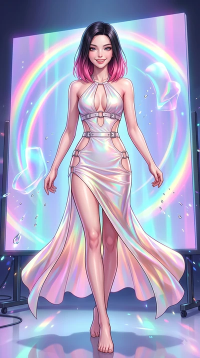score_9, masterpiece, best quality, ultra-detailed, high-budget anime keyframe, editorial fashion photography, tasteful artistic composition, Korean woman. low angle full-body shot from head to toe showing her feet, filling the entire 9:16 vertical f
