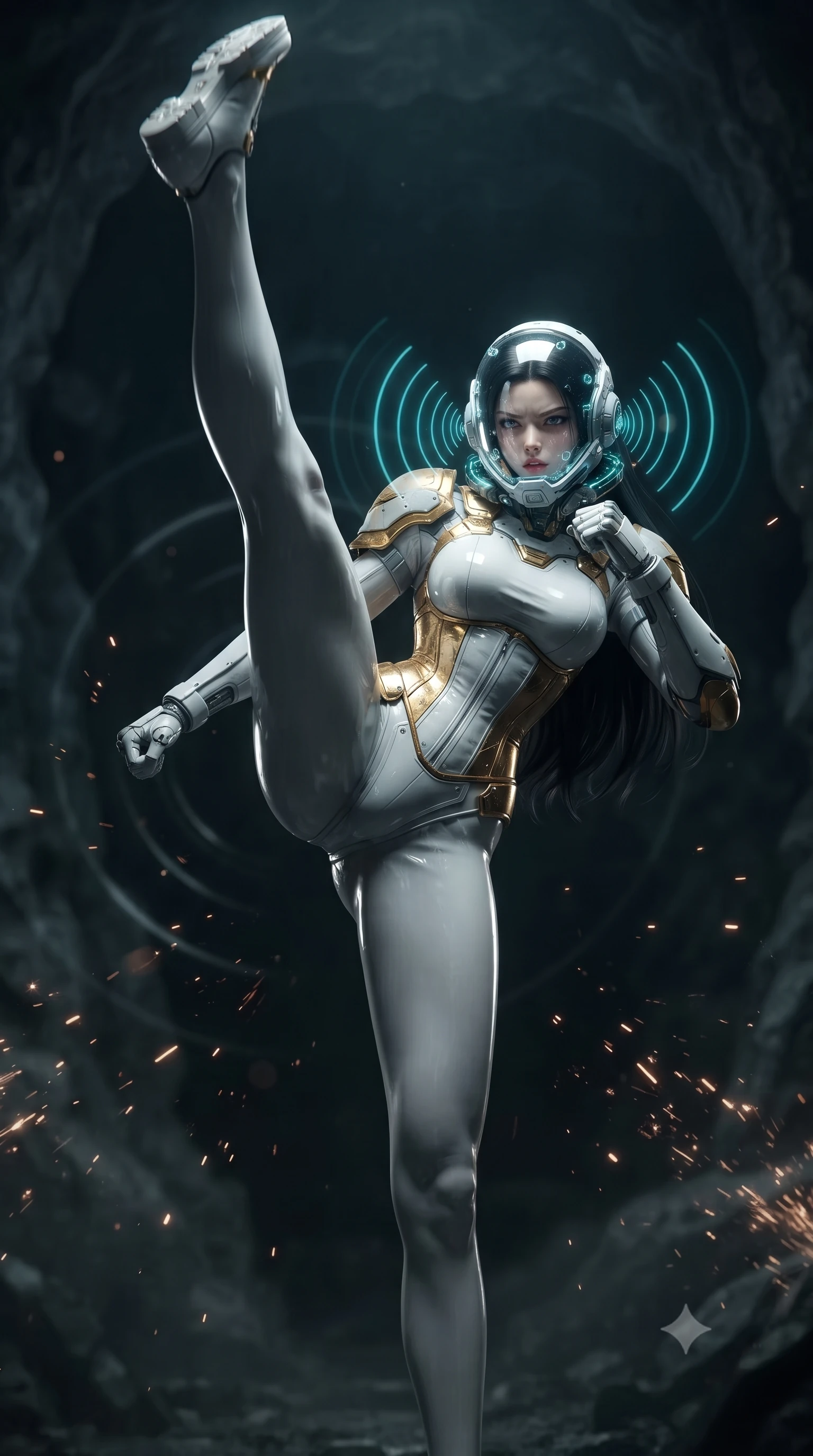 score_9, masterpiece, best quality, ultra-detailed, high-budget anime keyframe, editorial fashion photography, tasteful artistic composition, Korean woman. low angle full-body shot from head to toe showing her feet, filling the entire 9:16 vertical frame with her statuesque presence, stretching her vertical silhouette. executing a breathtaking zero-gravity high-kick with full 180-degree vertical extension, her impossibly long slender legs dominating the frame with razor-sharp poise while pivoting dynamically as her cybernetic ear-sensor crown pulses with rhythmic cyan sonar waves that ripple through the gloom. The composition keeps background elements in soft focus with creamy bokeh. sparkling sonar pulse rings and grinding metal sparks scattering light motes across a dark cavern backdrop. She has an absolutely perfect, statuesque 8.5-heads proportion, an exceptionally tall and slender model-like female figure with impossibly long slender legs, a toned flat midriff, and an ultra-slim waist. sharp v-shaped jawline, high-bridge nose, intricate jewel-like eyes with depth, thick eyelashes, glossy lips with a natural sheen, fierce and resolute heroine expression, flawlessly proportioned anatomical accuracy, strict slender model proportions, natural body alignment, perfectly sculpted long slender limbs, ultra-slim waistline, clean dynamic posture without body distortion. wearing a crystal-clear transparent armored riot-visor helmet showing her entire beautiful face and determined expression with pristine clarity, paired with a statuesque high-fashion cyber-warrior armor suit with platinum bevels, heavy articulated shoulder guards, and an ultra-slim waist-cinching corset in arctic white carbon composite with scratched solar gold armor plating, formed from high-gloss patent carbon-plating with specular dystopian chiaroscuro reflections, finished with high-mobility flexible armor articulation seams and miniature magnetic locks, the precision-cut daring openings accentuating her delicate midriff, graceful bare collarbones, and ultra-slim feminine waistline. surrounded by a gritty, dangerous, and irresistibly powerful cybernetic queen of the underworld aura. ultra-reflective glossy finish, specular highlights, dark metallic sheen, high-contrast stereoscopic depth, volumetric dynamic lighting, 2k, ultra detail, master piece, 9:16 ratio