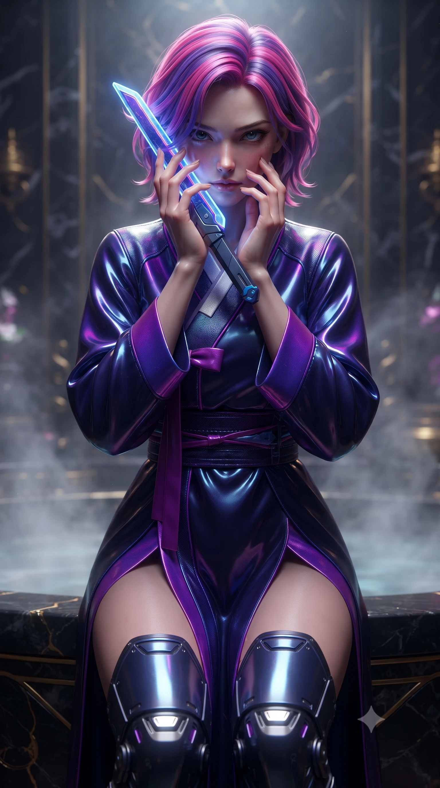 score_9, masterpiece, best quality, ultra-detailed, high-budget anime keyframe, editorial fashion photography, tasteful artistic composition, Caucasian woman. close-up cowboy shot from the waist and thighs up, the character dominates the composition, filling the frame with her large presence, background elements kept in soft focus. pressing the flat side of a glowing vibro-blade against her cheek, locking eyes with the viewer with bedroom-eyes, the background shows a soft-focus a steamy private bath chamber built of dark obsidian stone with gold accents. She has an exceptionally elegant, slender, and willowy female figure with an ultra-slim waist, a gracefully sculpted slender torso, and a refined silhouette. sharp v-shaped jawline, high-bridge nose, intricate jewel-like eyes with depth, thick eyelashes, glossy lips with a natural sheen. wearing a tailored modern fusion cyber-hanbok robes featuring neon-stitch silk panels and reinforced composite shin guards. dramatic chiaroscuro lighting focusing on her athletic, slender build. ultra-reflective glossy finish, specular highlights, metallic sheen, high-contrast stereoscopic depth, volumetric dynamic lighting, 2k, ultra detail, master piece, 9:16 ratio