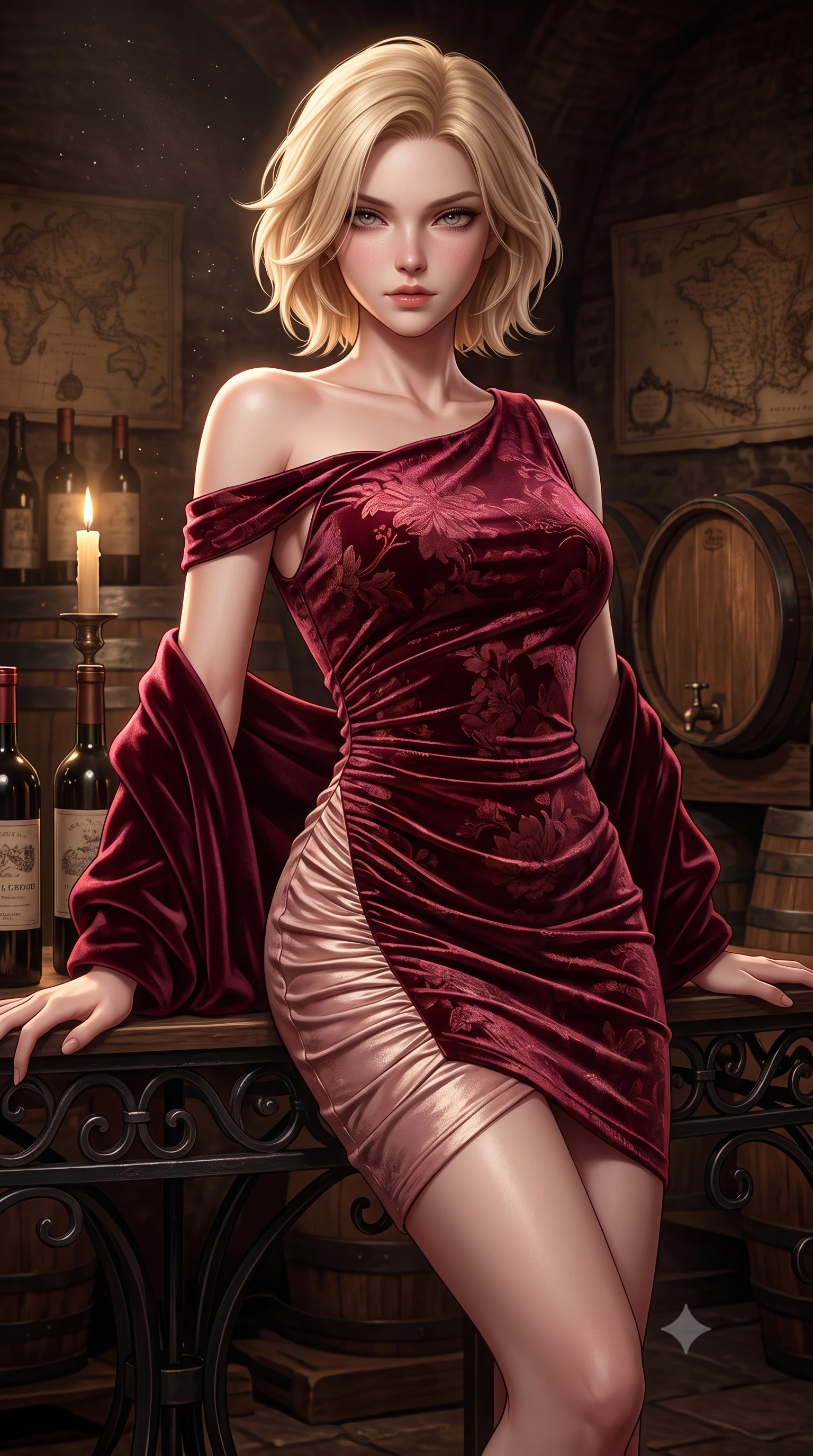 score_9, masterpiece, best quality, ultra-detailed, high-budget anime keyframe, semi-realistic 3D game render, editorial fashion photography, tasteful artistic composition, Caucasian woman. close-up cowboy shot from the waist and thighs up, the character dominates the composition, filling the frame with her large presence. leaning back with relaxed seductive grace, her sculpted collarbones and narrow waist highlighted as she casts smoldering bedroom-eyes directly into the camera while leaning forward against the wrought-iron cellar tasting table with hips cocked back, casting an alluring bedroom-glance through candlelight reflections. The surrounding environment is rendered in vivid detail and crisp panoramic clarity. rich high-contrast French château chiaroscuro and decadent underground winery aesthetics rendered with precision. She has an exceptionally elegant, slender, and willowy female figure with an ultra-slim waist, a gracefully sculpted slender torso, toned flat midriff, and rounded feminine hips creating an alluring hourglass silhouette. sharp v-shaped jawline, high-bridge nose, intricate jewel-like eyes with depth, thick eyelashes, glossy parted lips with a natural sheen, intensely captivating and seductive bedroom-eyes expression, flawlessly proportioned anatomical accuracy, strict slender model proportions, natural body alignment, perfectly sculpted long slender limbs, ultra-slim waistline, clean dynamic posture without body distortion. wearing a form-contouring burgundy velvet cocktail dress with an asymmetrical open shoulder and hip-defining ruching in dusky blush rose and champagne shimmer, made of rich textured floral silk jacquard with subtle gold thread, complemented by a plush velvet shawl draped loosely over her elbows, the second-skin form-contouring cut accentuating her sculpted flat midriff, narrow waistline, and dramatically curvy hips without adding bulk. surrounded by an opulent, intimate, and dangerously intoxicating vintage wine empress aura. highly saturated vibrant anime colors, detailed shading with soft gradients, rich glossy textures, high-contrast stereoscopic depth, volumetric dynamic lighting, master piece, 9:16 ratio