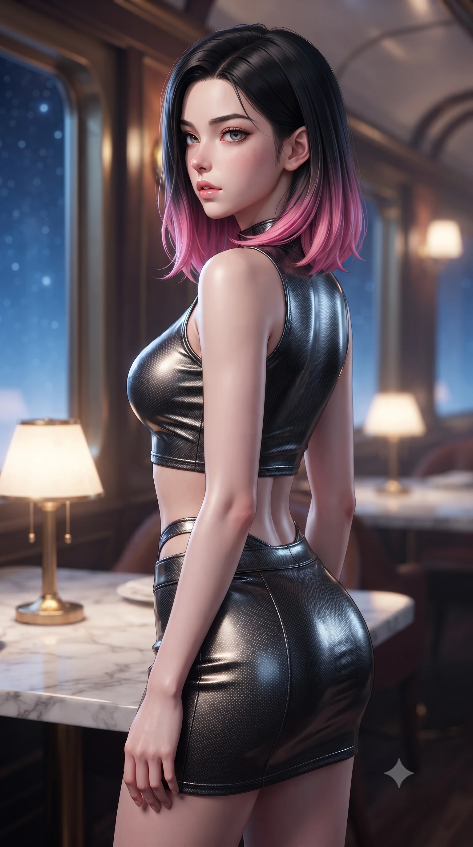 score_9, masterpiece, best quality, ultra-detailed, high-budget anime keyframe, editorial fashion photography, tasteful artistic composition, Korean woman. close-up cowboy shot from the waist and thighs up, the character dominates the composition, filling the frame with her large presence, background elements kept in soft focus. turning her face in profile to look over her shoulder, casting a smoldering side gaze with lips slightly parted, the background shows a soft-focus a dining car with marble tables, brass lamps, and large windows. She has an exceptionally elegant, slender, and willowy female figure with an ultra-slim waist, a gracefully sculpted slender torso, and a refined silhouette. sharp v-shaped jawline, high-bridge nose, intricate jewel-like eyes with depth, thick eyelashes, glossy lips with a natural sheen. wearing a body-hugging modern carbon-alloy crop top paired with a low-rise tactical skirt and a subtle waist cut-out. warm glowing table lamps contrasting with cool blue starlight outside. ultra-reflective glossy finish, specular highlights, metallic sheen, high-contrast stereoscopic depth, volumetric dynamic lighting, 2k, ultra detail, master piece, 9:16 ratio