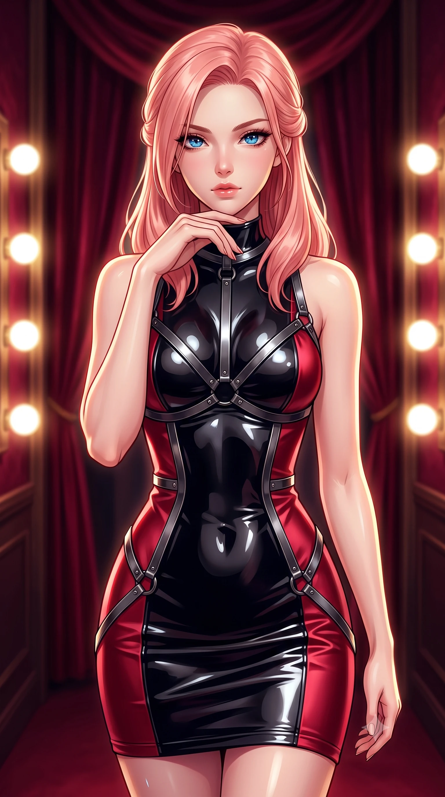 score_9, masterpiece, best quality, ultra-detailed, high-budget anime keyframe, editorial fashion photography, tasteful artistic composition, Japanese woman. close-up cowboy shot from the waist and thighs up, the character dominates the composition, filling the frame with her large presence, background elements kept in soft focus. Resting her chin on the backs of her fingers with an air of effortless superiority, walking along a private velvet-lined hallway connecting the runway and lounge, warm round vanity light bulbs creating brilliant circular rim highlights. She has an exceptionally elegant, slender, and willowy female figure with an ultra-slim waist, a gracefully sculpted slender torso, and a refined silhouette. sharp v-shaped jawline, high-bridge nose, intricate jewel-like eyes with depth, thick eyelashes, glossy lips with a natural sheen. wearing precision-fitted bodycon dress in high-gloss liquid vinyl in pitch-black onyx, made of soft crimson satin, highlighted by a gunmetal metallic harness structure, contouring every curve with an exceptionally elegant silhouette. illuminated by warm glowing vanity bulbs casting multi-directional rim lights. highly saturated vibrant anime colors, detailed shading with soft gradients, rich glossy textures, high-contrast stereoscopic depth, volumetric dynamic lighting, master piece, 9:16 ratio