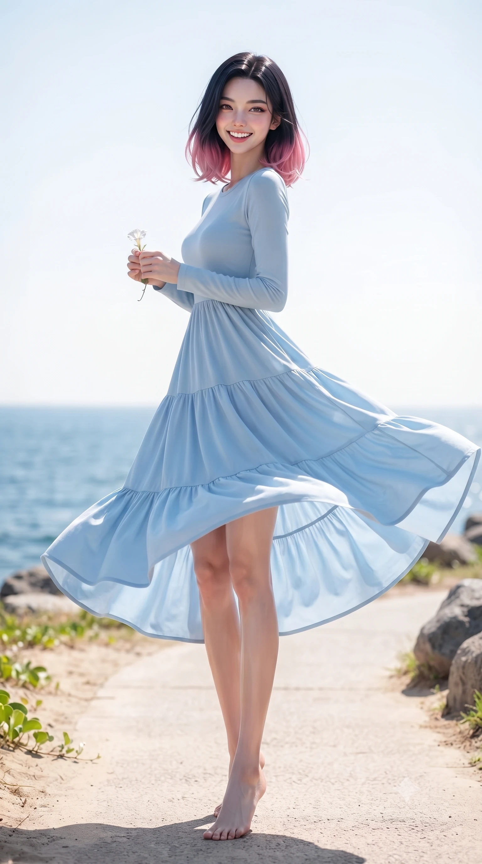 score_9, masterpiece, best quality, ultra-detailed, high-budget anime keyframe, editorial fashion photography, tasteful artistic composition, Korean woman. low angle full-body shot from head to toe showing her feet, filling the entire 9:16 vertical frame with her statuesque presence, stretching her vertical silhouette. twirling around with a playful, cute laugh, her skirt billowing beautifully in the air set against a soft-focus background of at a coastal lighthouse park path overlooking the deep blue sea holding a small white flower from a beach vine with a lovely smile. She has an absolutely perfect, statuesque 8.5-heads proportion, an exceptionally tall and slender model-like female figure with impossibly long slender legs and an ultra-slim waist. sharp v-shaped jawline, high-bridge nose, intricate jewel-like eyes with depth, thick eyelashes, glossy lips with a natural sheen. wearing form-contouring lovely tiered maxi dress in baby blue, featuring a relaxed silhouette. bright midday sun highlighting the white sand in a high-key clean glow. ultra-reflective glossy finish, specular highlights, metallic sheen, high-contrast stereoscopic depth, volumetric dynamic lighting, 2k, ultra detail, master piece, 9:16 ratio
