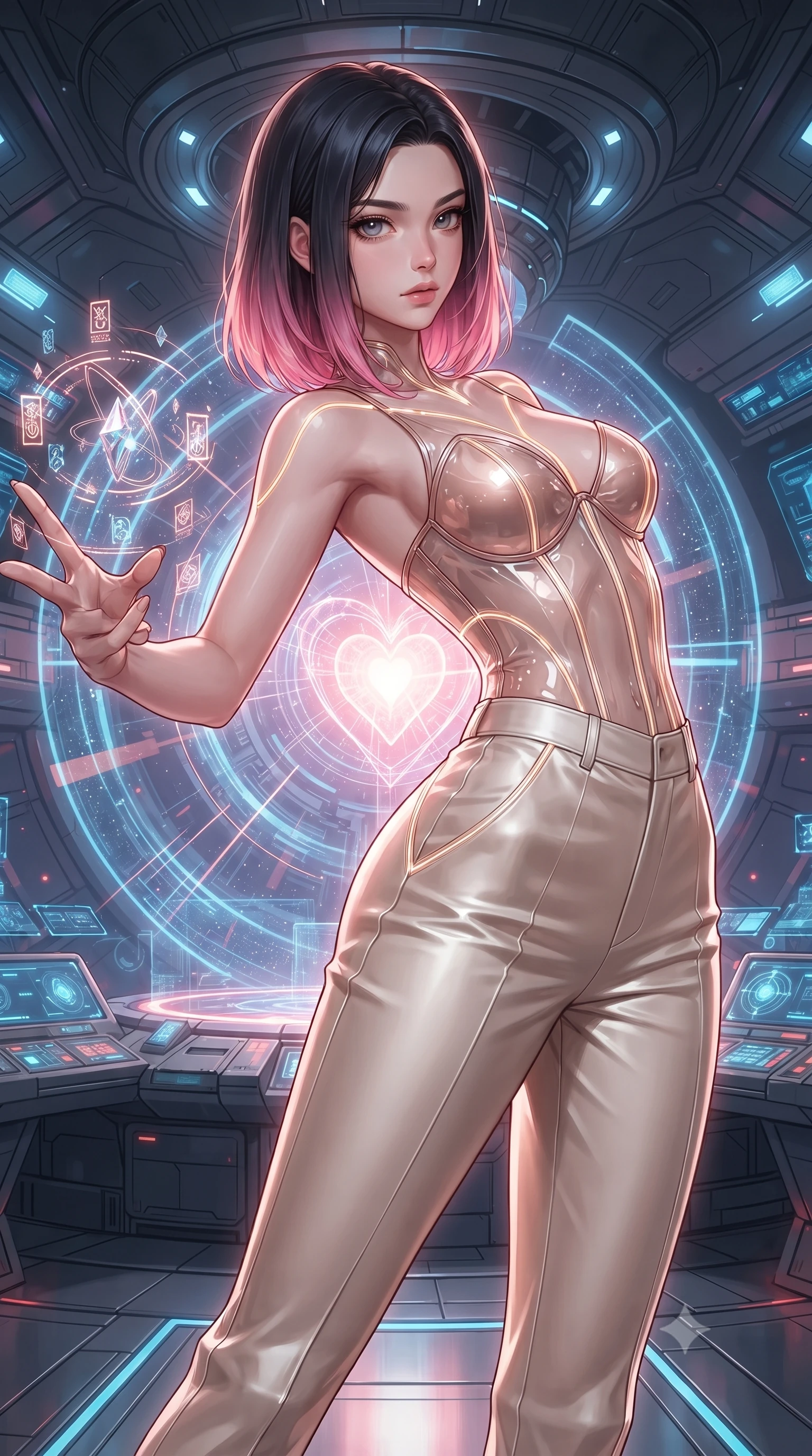 score_9, masterpiece, best quality, ultra-detailed, high-budget anime keyframe, editorial fashion photography, tasteful artistic composition, Korean woman. close-up cowboy shot from the waist and thighs up, the character dominates the composition, filling the frame with her large presence. extending one arm gracefully as floating holographic glyphs and nano-crystals orbit her fingertips with sovereign power while arching her spine in a fluid zero-gravity stretch with arms outstretched toward the glowing heart of the warp core. The surrounding environment is rendered in vivid detail and crisp panoramic clarity. intricate warp core containment field lattices, starship bridge consoles, and prism light shafts in high clarity. She has an exceptionally elegant, slender, and willowy female figure with an ultra-slim waist, a gracefully sculpted slender torso, toned flat midriff, and a refined slim silhouette. sharp v-shaped jawline, high-bridge nose, intricate jewel-like eyes with depth, thick eyelashes, glossy lips with a natural sheen, flawlessly proportioned anatomical accuracy, strict slender model proportions, natural body alignment, perfectly sculpted long slender limbs, ultra-slim waistline, clean dynamic posture without body distortion. wearing a structured translucent cyber-corset paired with tailored high-fashion satin trousers that sharply cinch her ultra-slim waist in sculpted rose gold and luminescent champagne ivory, formed from high-gloss patent material with specular chiaroscuro reflections, accented with glowing fiber-optic seams tracing her collarbones and hip curves, the liquid-tight tailored fabric emphasizing every curve of her tall, slender model proportions and sculptured silhouette during dynamic movement. surrounded by an awe-inspiring, divine, and radiantly transcendent machine-muse sovereignty aura. ultra-reflective glossy finish, specular highlights, dark metallic sheen, high-contrast stereoscopic depth, volumetric dynamic lighting, 2k, ultra detail, master piece, 9:16 ratio