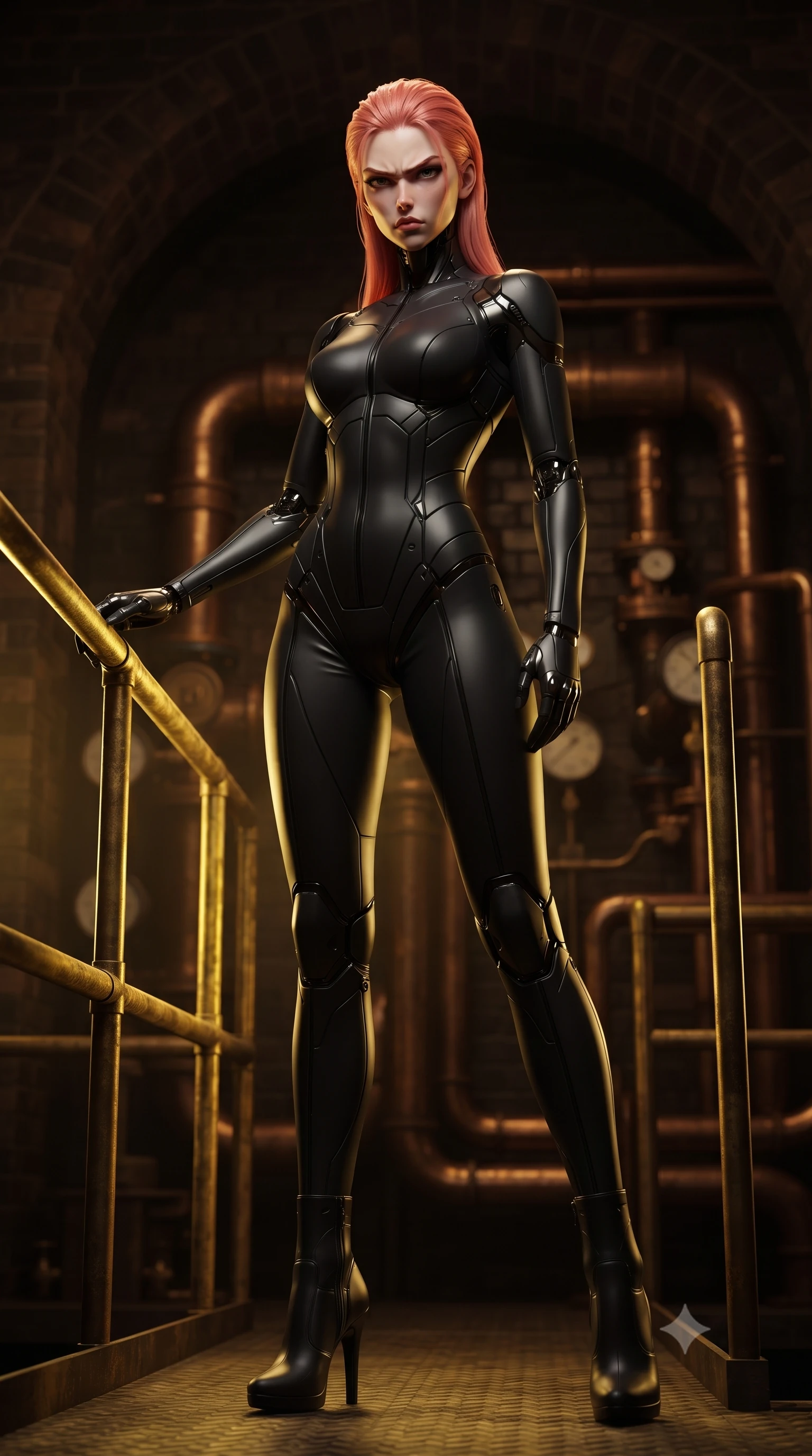 score_9, masterpiece, best quality, ultra-detailed, high-budget anime keyframe, editorial fashion photography, tasteful artistic composition, Japanese woman. low angle full-body shot from head to toe showing her feet, filling the entire 9:16 vertical frame with her statuesque presence, stretching her vertical silhouette. standing in a tall, confident posture with one hand on a glowing metal railing, stretching her statuesque body, the background shows a soft-focus a boiler room cockpit with dark brick arches and heavy copper piping. She has an absolutely perfect, statuesque 8.5-heads proportion, an exceptionally tall and slender model-like female figure with impossibly long slender legs and an ultra-slim waist. sharp v-shaped jawline, high-bridge nose, intricate jewel-like eyes with depth, thick eyelashes, glossy lips with a natural sheen. wearing a form-contouring form-fitting cybernetic combat suit in matte black latex, tracing her willowy silhouette with a high neck. warm yellow table lamp casting cozy shadows on her refined, slender silhouette. ultra-reflective glossy finish, specular highlights, metallic sheen, high-contrast stereoscopic depth, volumetric dynamic lighting, 2k, ultra detail, master piece, 9:16 ratio