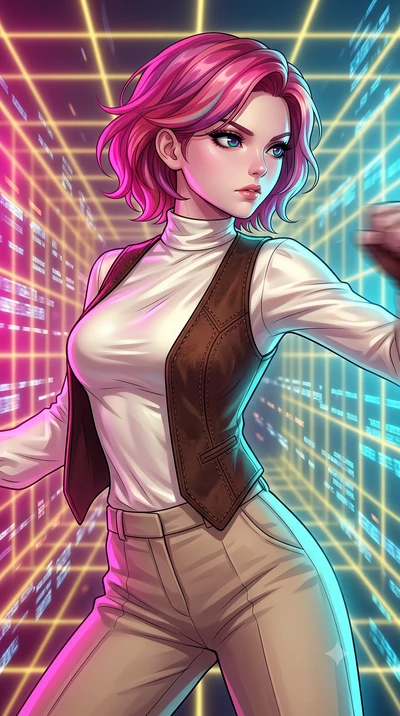 score_9, masterpiece, best quality, ultra-detailed, high-budget anime keyframe, clean line-art, cel-shading, Caucasian woman, strictly human ears. close-up cowboy shot from the waist and thighs up, the character dominates the composition, filling the