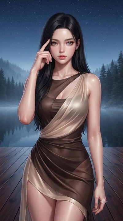 score_9, masterpiece, best quality, ultra-detailed, high-budget anime keyframe, editorial fashion photography, tasteful artistic composition, Korean woman. close-up cowboy shot from the waist and thighs up, the character dominates the composition, fi