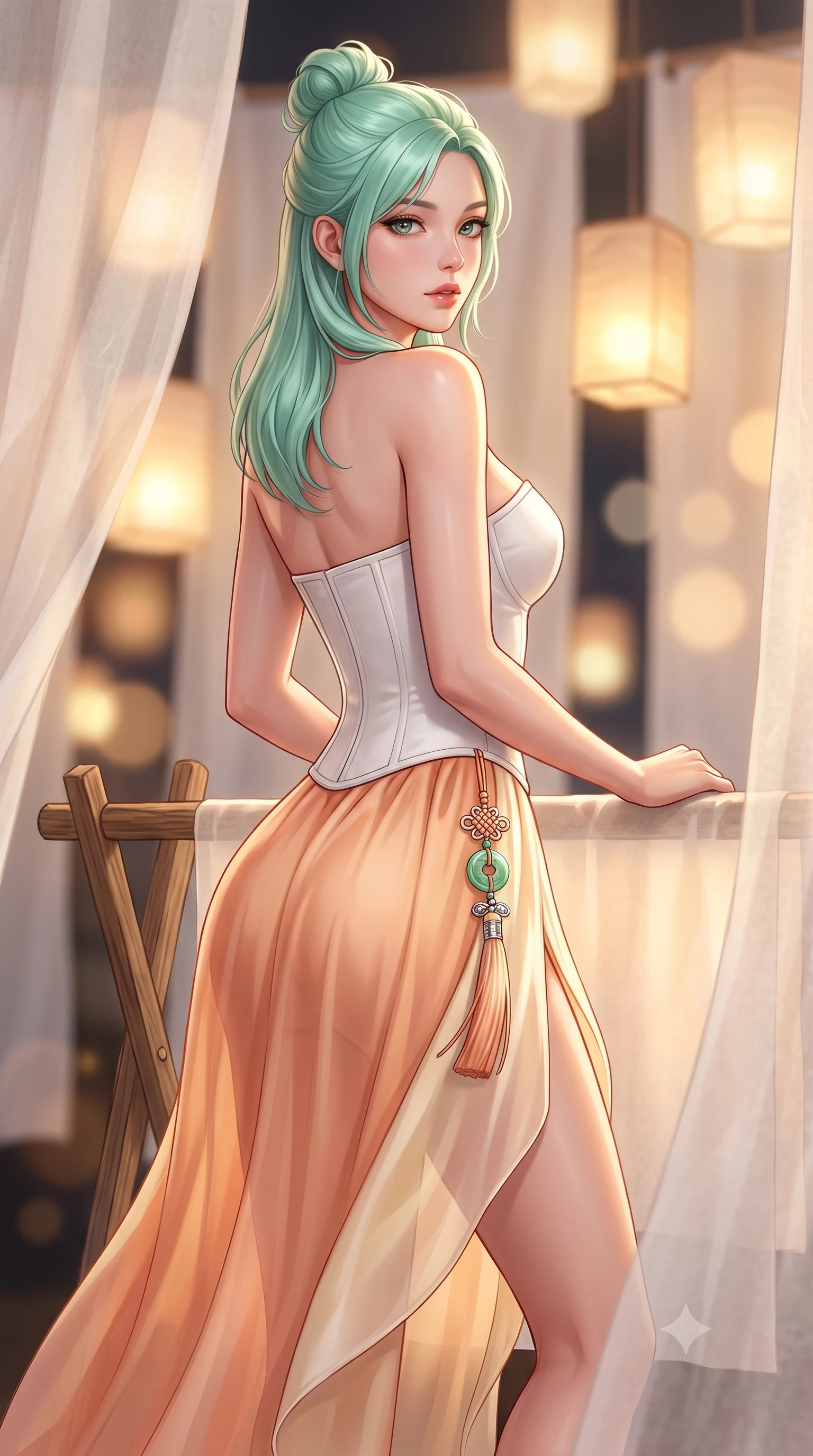score_9, masterpiece, best quality, ultra-detailed, high-budget anime keyframe, semi-realistic 3D game render, editorial fashion photography, tasteful artistic composition, Japanese woman. close-up cowboy shot from the waist and thighs up, the character dominates the composition, filling the frame with her large presence. posing in an alluring rear three-quarter angle, turning over a bare shoulder with an intoxicating gaze, her hips cocked back to highlight her slim hourglass curve while leaning against a rustic oak drying rack with hips cocked back, looking into the lens with an intoxicating, soft bedroom-gaze. The background shows a soft-focus layers of drying translucent white hanji paper screens and floating glowing lanterns blurred into warm ivory, honey, and charcoal bokeh. She has an exceptionally elegant, slender, and willowy female figure with an ultra-slim waist, flat toned midriff, narrow ribcage, and sculpted feminine hips creating an alluring, slim hourglass silhouette without bulk. sharp v-shaped jawline, high-bridge nose, intricate jewel-like dark sparkling almond eyes with depth, thick lashes, glossy parted lips with a natural rose-plum sheen, bright alluring and coquettish smile with bedroom-eyes, exuding both timeless oriental elegance and sovereign high-fashion allure, flawlessly proportioned anatomical accuracy, strict slender model proportions, natural body alignment, perfectly sculpted long slender limbs, ultra-slim waistline, clean dynamic posture without body distortion. wearing a tailored white porcelain-inspired structured corset top paired with an asymmetric flowing silk maxi skirt with a high slit in warm peach apricot and soft vanilla silk, tailored from sheer gossamer silk organza with an airy weightless flutter, finished with an ornate modern norigae tassel with polished jade and chrome charms resting on her curvy hips, the form-contouring cut accentuating her sculpted flat midriff, narrow delicate ribcage, and gracefully curvy hips with regal oriental supermodel elegance. bathed in warm diffuse amber lantern light filtered through translucent mulberry paper. highly saturated vibrant anime colors, detailed shading with soft gradients, rich glossy textures, high-contrast stereoscopic depth, volumetric dynamic lighting, master piece, 9:16 ratio