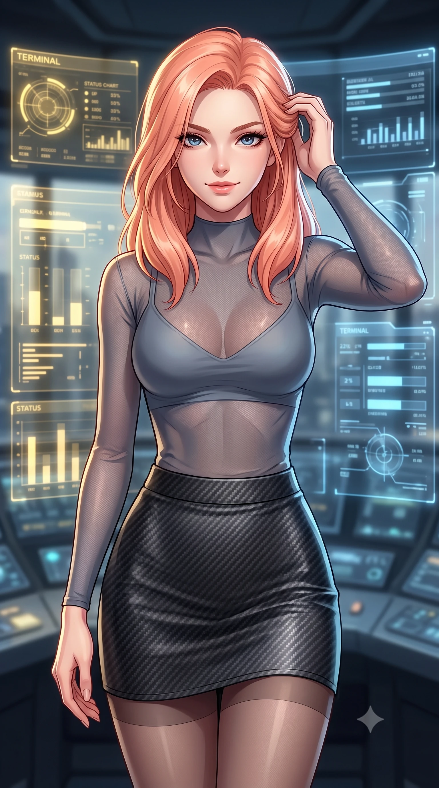 score_9, masterpiece, best quality, ultra-detailed, high-budget anime keyframe, editorial fashion photography, tasteful artistic composition, Japanese woman. close-up cowboy shot from the waist and thighs up, the character dominates the composition, filling the frame with her large presence, background elements kept in soft focus. slowly running a hand through her hair, smiling with quiet, magnetic self-assurance directly into the camera, the background shows a soft-focus a glass bridge console room with holographic terminal displays and status charts. She has an exceptionally elegant, slender, and willowy female figure with an ultra-slim waist, a gracefully sculpted slender torso, and a refined silhouette. sharp v-shaped jawline, high-bridge nose, intricate jewel-like eyes with depth, thick eyelashes, glossy lips with a natural sheen. wearing a form-contouring semi-transparent mesh top in slate grey, paired with a carbon-fiber mini skirt and sheer stockings. soft yellow terminal glare contrasting with cool blue simulation space. highly saturated vibrant anime colors, detailed shading with soft gradients, rich glossy textures, high-contrast stereoscopic depth, volumetric dynamic lighting, master piece, 9:16 ratio