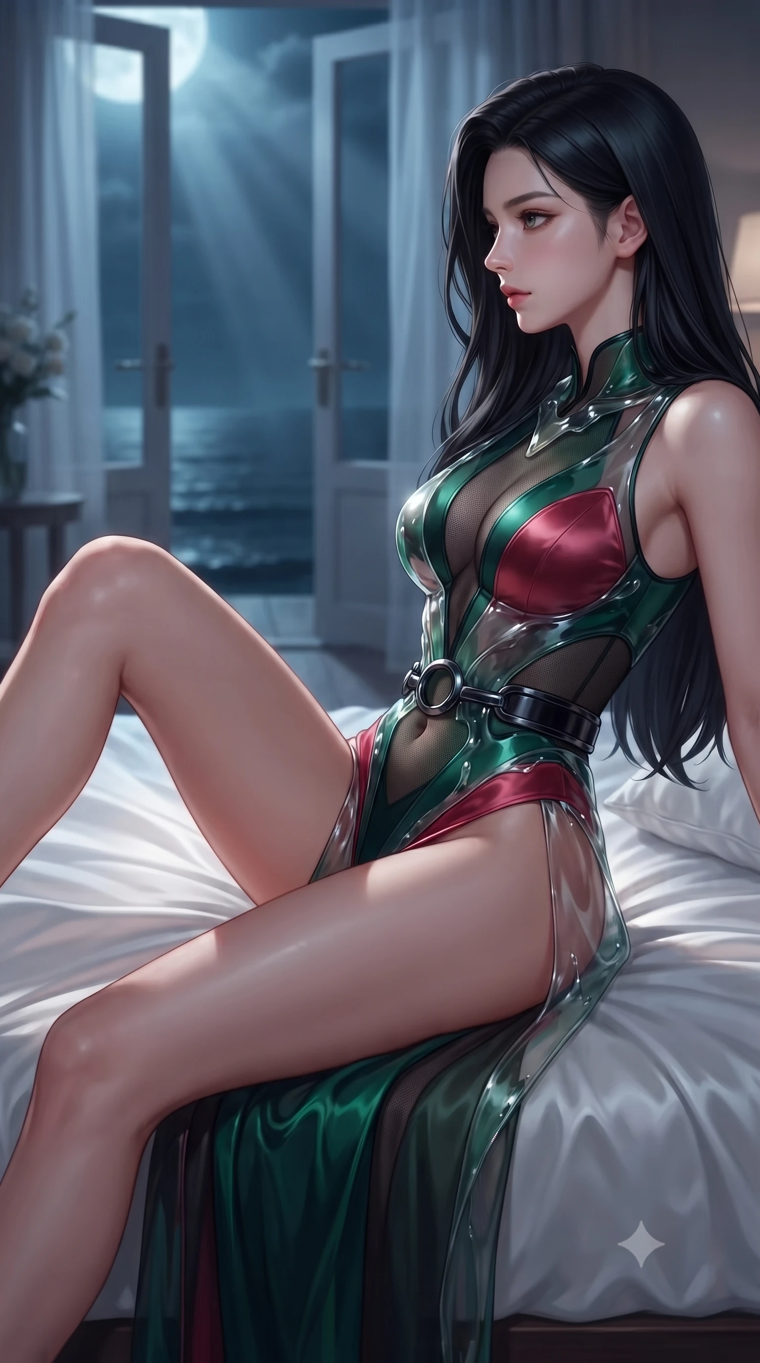 score_9, masterpiece, best quality, ultra-detailed, high-budget anime keyframe, editorial fashion photography, tasteful artistic composition, Korean woman. close-up cowboy shot from the waist and thighs up, the character dominates the composition, filling the frame with her large presence, background elements kept in soft focus. Turning her face in sharp dramatic profile against the key light, lounging on a plush white silk daybed as soft sea breezes drift through open doors, impossibly long slender legs emphasized by a high thigh-slit outfit. She has an exceptionally elegant, slender, and willowy female figure with an ultra-slim waist, a gracefully sculpted slender torso, and a refined silhouette. sharp v-shaped jawline, high-bridge nose, intricate jewel-like eyes with depth, thick eyelashes, glossy lips with a natural sheen. wearing translucent liquid acrylic splash bodysuit with semi-opaque dark mesh in deep emerald green, made of soft crimson satin, accented with sculpted obsidian chrome rings at the waist, contouring every curve with an exceptionally elegant silhouette. lit by quiet moonlight key rays piercing through dark ocean air. highly saturated vibrant anime colors, detailed shading with soft gradients, rich glossy textures, high-contrast stereoscopic depth, volumetric dynamic lighting, master piece, 9:16 ratio
