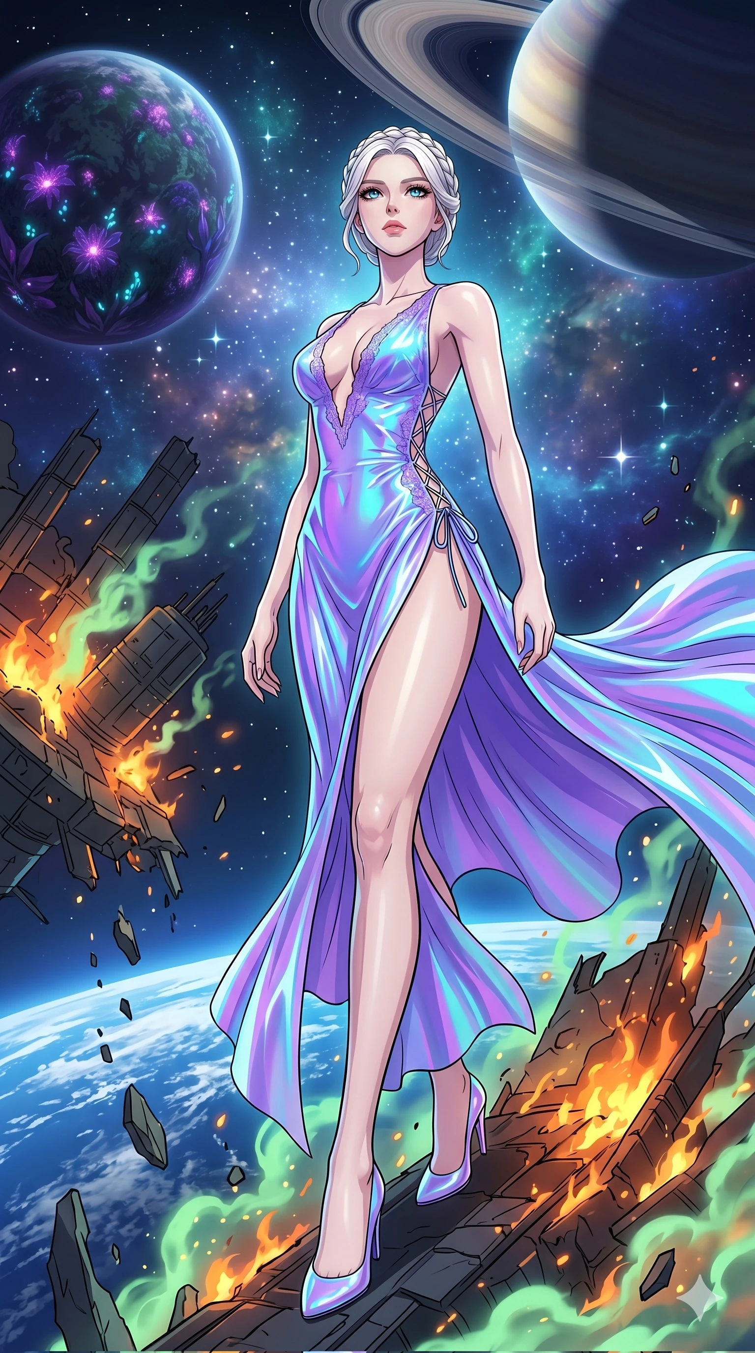 score_9, masterpiece, best quality, ultra-detailed, High-budget Anime Keyframe, vibrant colors, fluid line-art, expressive lighting, cinematic composition, Ufotable-style visual effects, top-tier animation quality, Korean woman with idol-like refined features. Low angle cowboy shot filling the entire 9:16 frame with her statuesque presence, looking up to emphasize her height. Escaping a crumbling orbital space station amidst falling debris and venting atmosphere, the earth visible as a beautiful blue marble below. She has an absolutely perfect 8-heads proportion, an exceptionally tall and slender female figure with impossibly long slender legs and an ultra-slim waist, her statuesque height and towering silhouette dominating the vertical 9:16 frame. Her face is a masterpiece featuring a sharp v-shaped jawline, high-bridge nose, intricate jewel-like eyes with depth, thick eyelashes, and glossy lips with a natural sheen. She is wearing a Holographic lace evening gown with a dangerously high slit and a plunging neckline crafted from Iridescent vinyl with a futuristic sheen that shifts between violet and cyan, featuring a deep plunging neckline and delicate lace-up side details. The scene is set in a mysterious alien planet with bioluminescent purple flora and a giant ringed planet in the sky, illuminated by flickering starlight and nebula glow providing a mystical and vast ambiance. 2k, ultra detail, master piece, 9:16 ratio
