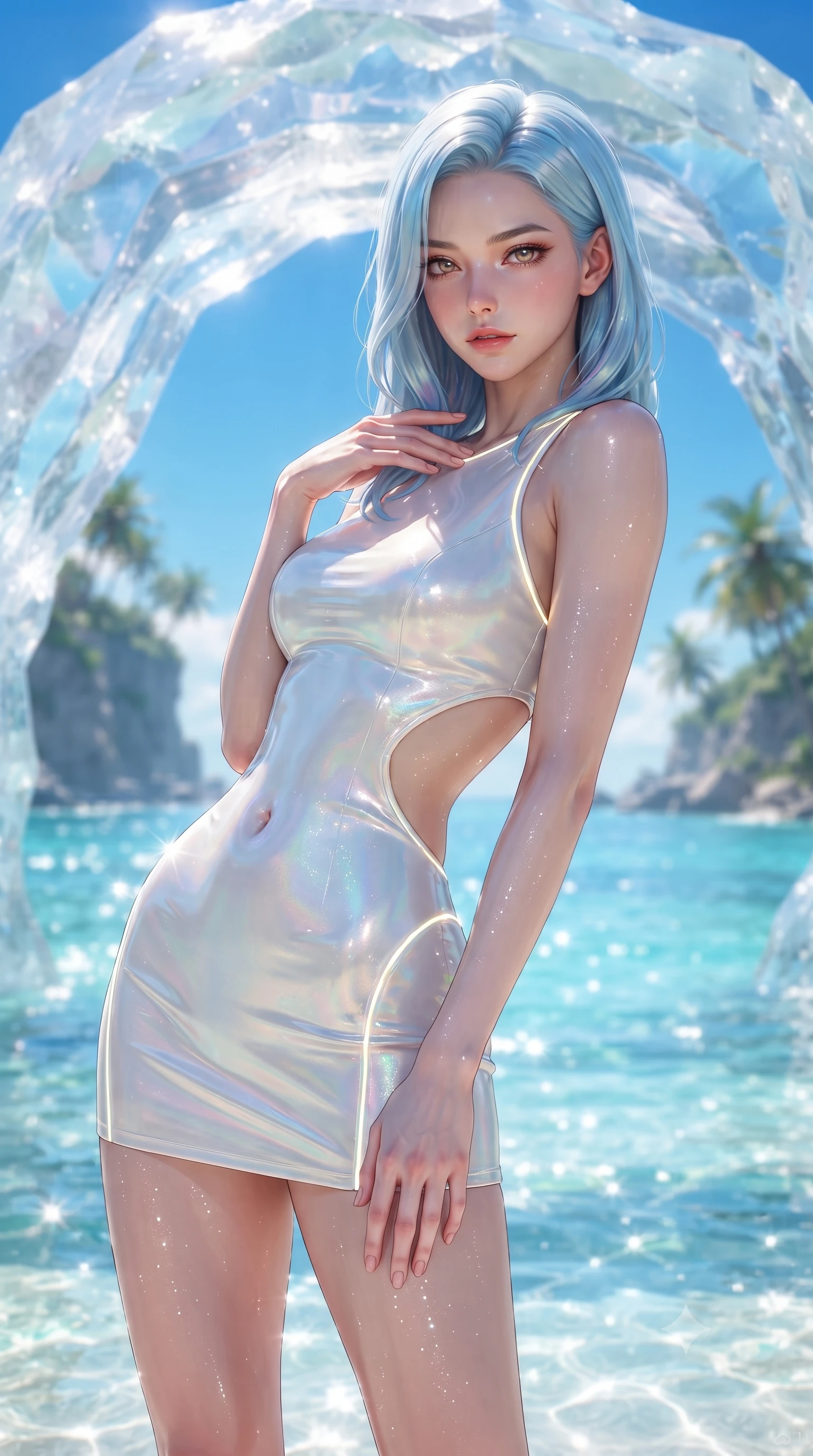 score_9, masterpiece, best quality, ultra-detailed, high-budget anime keyframe, editorial fashion photography, tasteful artistic composition, Korean woman. close-up cowboy shot from the waist and thighs up, the character dominates the composition, filling the frame with her large presence. leaning forward with a dangerous, enticing smolder, resting one hand near her collarbone while casting a fiery, magnetic direct gaze while arching her back in a fluid motion beneath a translucent crystal sea arch with the sparkling lagoon stretching behind. The composition keeps background elements in soft focus with creamy bokeh. distant palm-fringed cliffs and vibrant blue sky softened by shallow atmospheric focus. She has an exceptionally elegant, slender, and willowy female figure with an ultra-slim waist, a gracefully sculpted slender torso, toned flat midriff, and a refined slim silhouette. sharp v-shaped jawline, high-bridge nose, intricate jewel-like eyes with depth, thick eyelashes, glossy lips with a natural sheen, flawlessly proportioned anatomical accuracy, strict slender model proportions, natural body alignment, perfectly sculpted long slender limbs, ultra-slim waistline, clean dynamic posture without body distortion. wearing a second-skin fashion-latex mini dress with a clean architectural front, featuring an open-back design that wraps around the sides of her waist, showcasing her slender silhouette in glistening liquid pearl white with rainbow opalescence, made of smooth iridescent silk chiffon that shifts colors with movement, accented with glowing fiber-optic seams tracing her collarbones and hip curves, the form-contouring material adhering flawlessly to her sculpted flat midriff and slender torso, emphasizing her long leg lines and perfectly proportioned willowy build. bathed in dazzling tropical morning sunlight and glittering ocean water caustics. ultra-reflective glossy finish, specular highlights, metallic sheen, high-contrast stereoscopic depth, volumetric dynamic lighting, 2k, ultra detail, master piece, 9:16 ratio