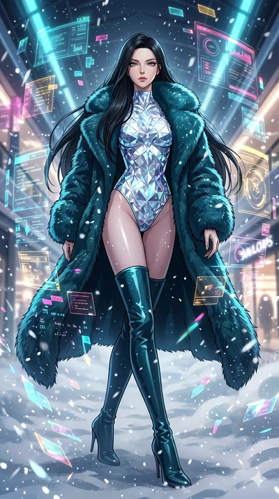 score_9, masterpiece, best quality, ultra-detailed, high-budget anime movie keyframe, cinematic anime lighting, intricate line art, Japanese woman. Low angle cowboy shot filling the entire 9:16 frame with her statuesque presence. walking through a bl